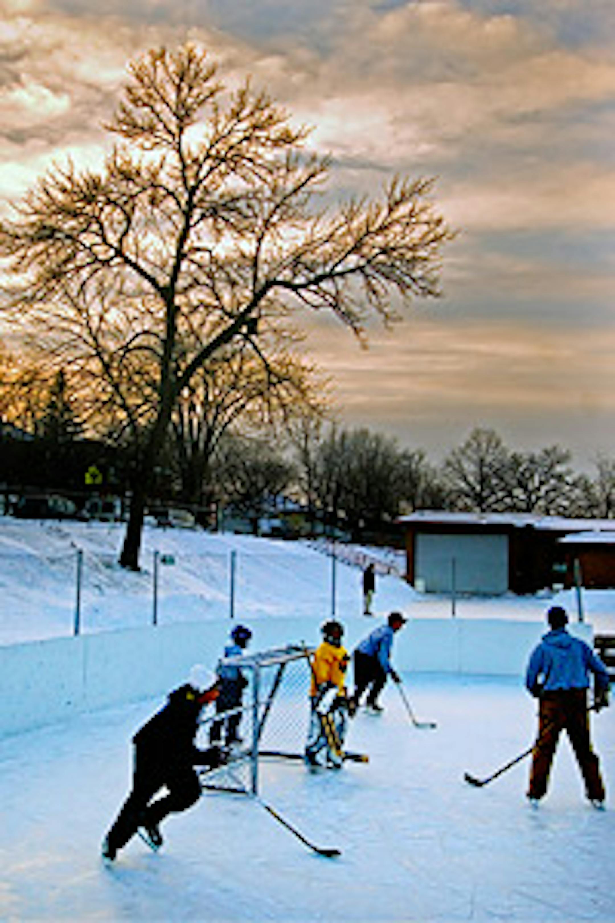Neighborhood hockey players held a pickup game at the Groveland Outdoor Ice Complex in St. Paul.