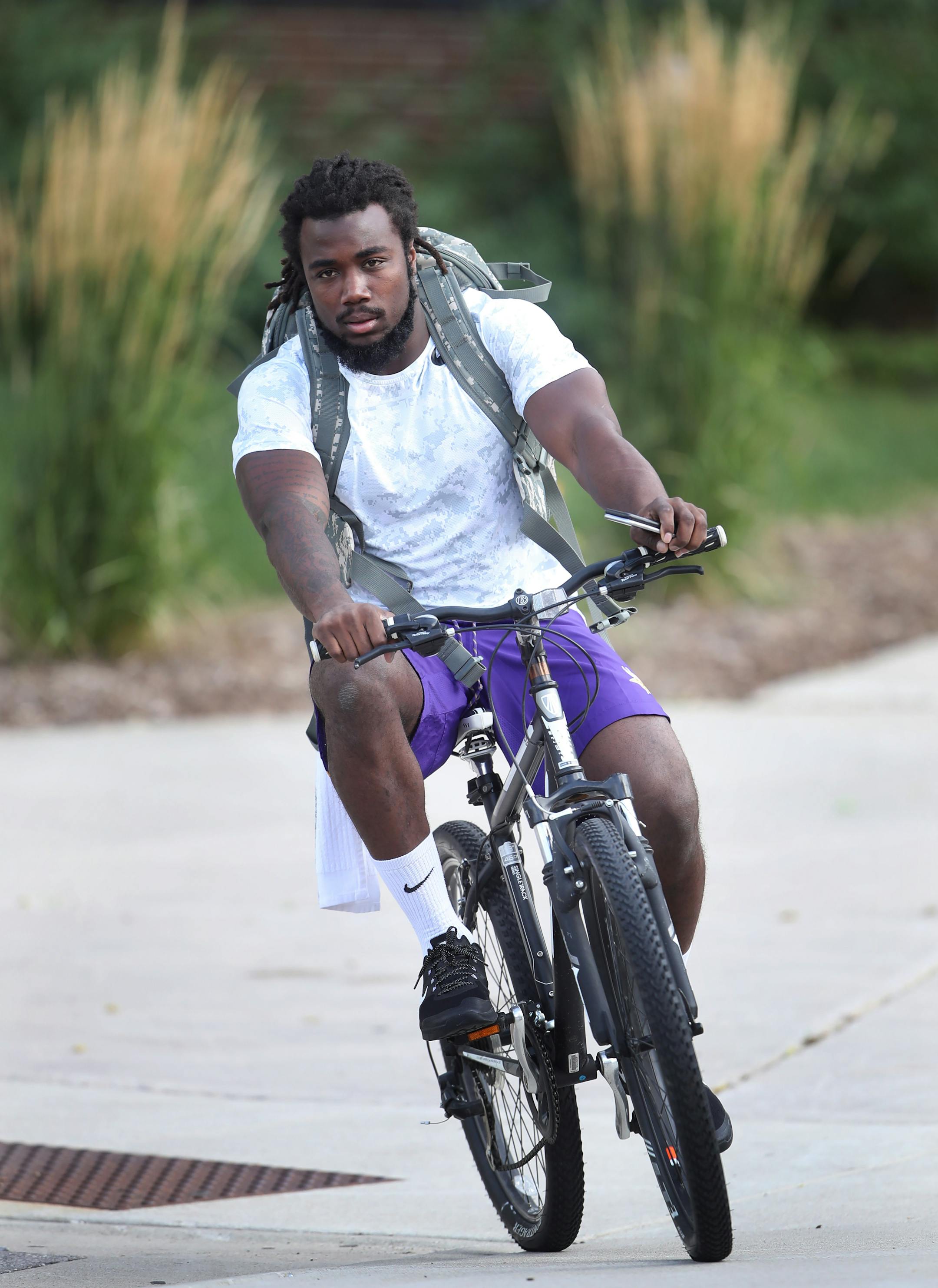 Vikings rookie running back Dalvin Cook arrived at morning practice at Minnesota State University Mankato Monday July 24, 2017 in Mankato , MN.