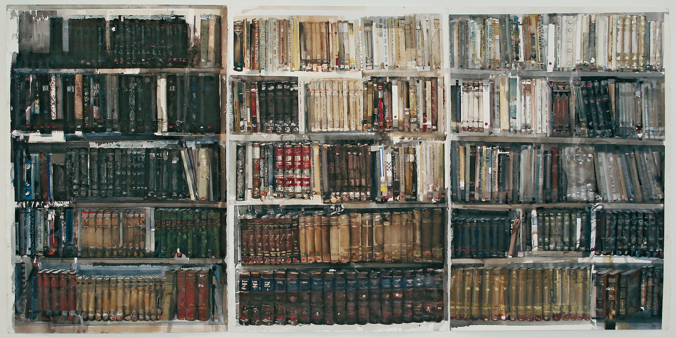 Books in Lars Lerin's 15-foot panorama represent a vast accumulation of human knowledge.