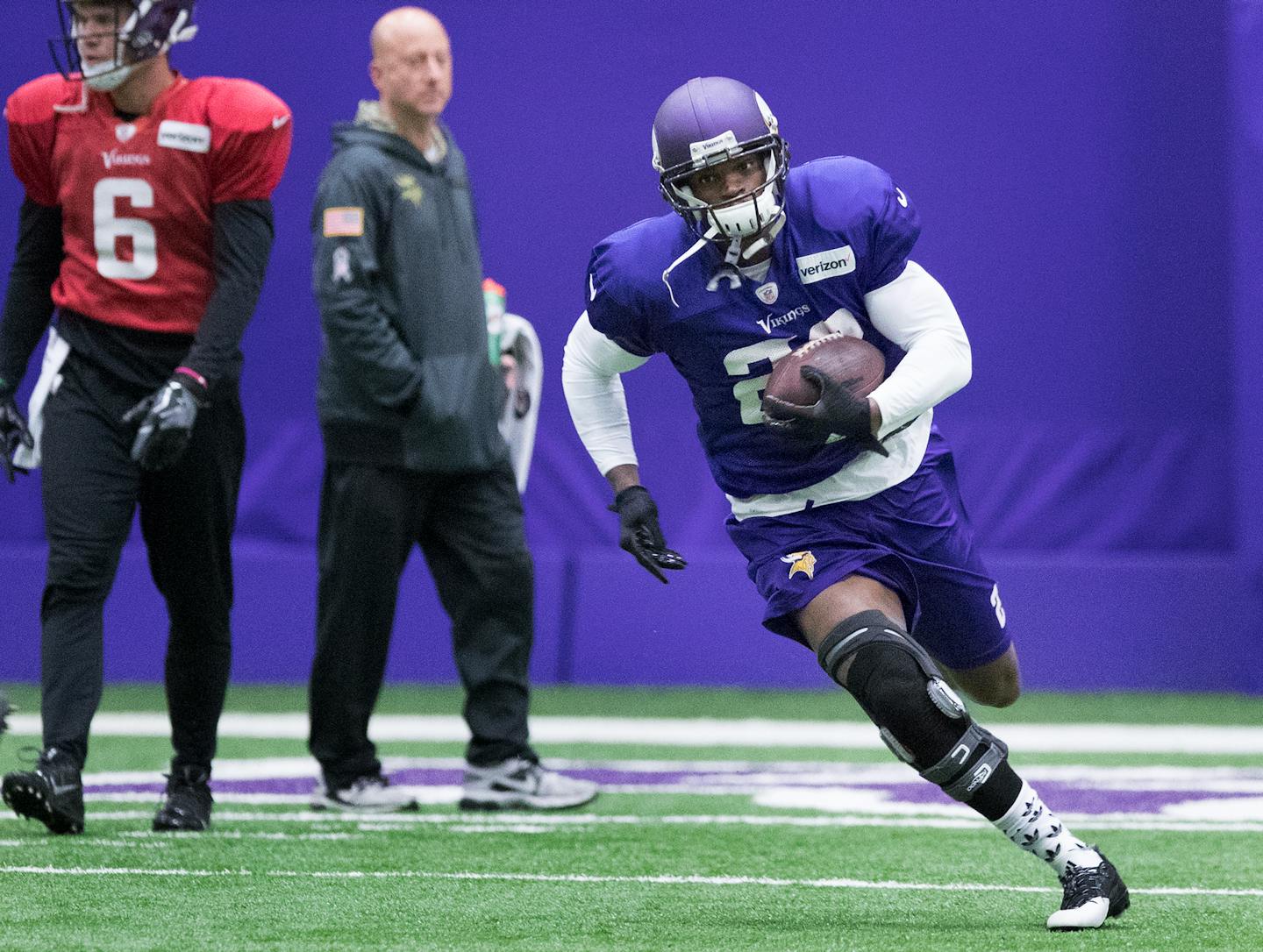 Vikings running back Adrian Peterson was back on the practice field on Wednesday at Winter Park.