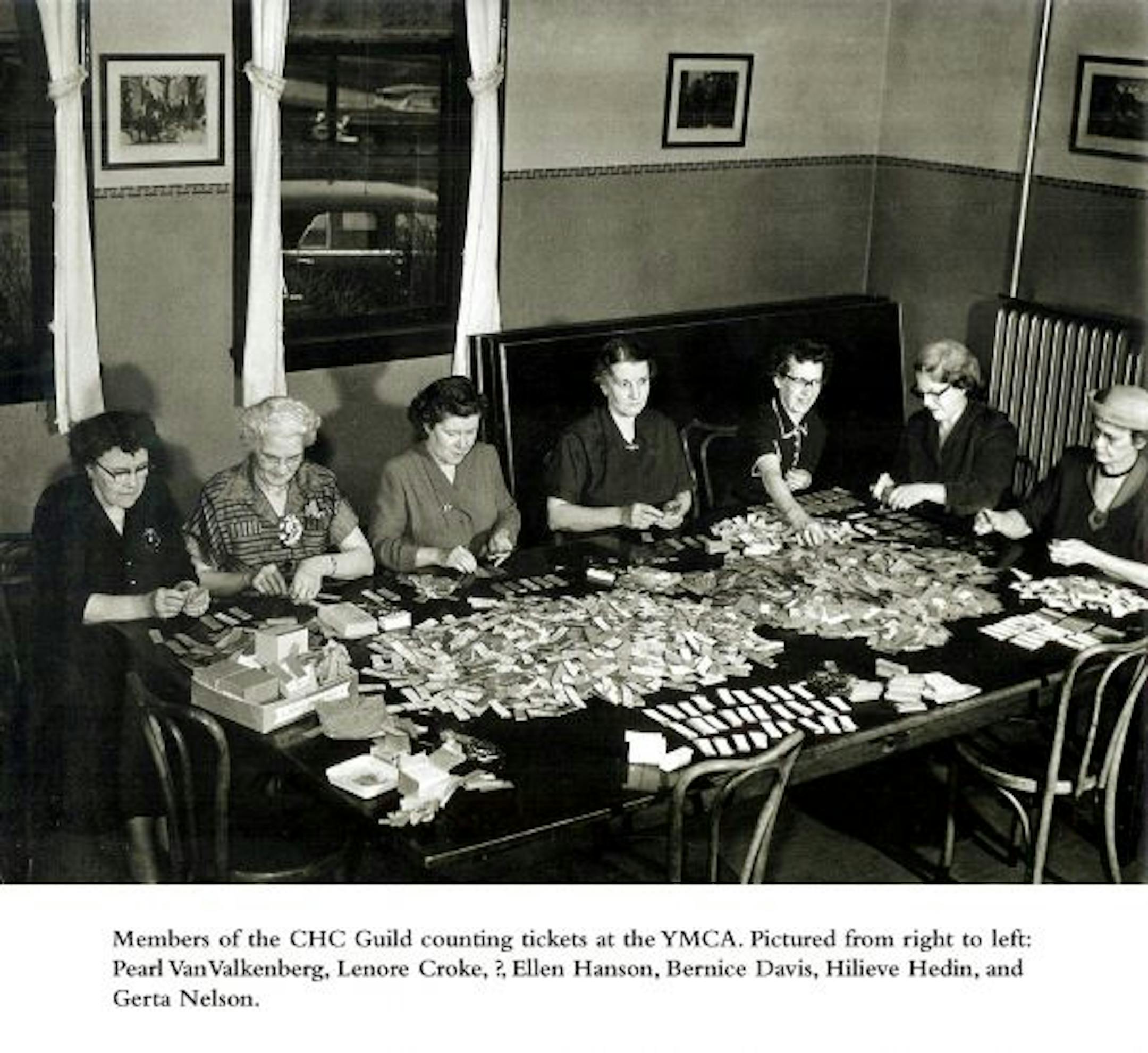 Members of the Community Health Center�s ladies guild count tickets for a fundraising drive for the hospital. Circa 1950�s.