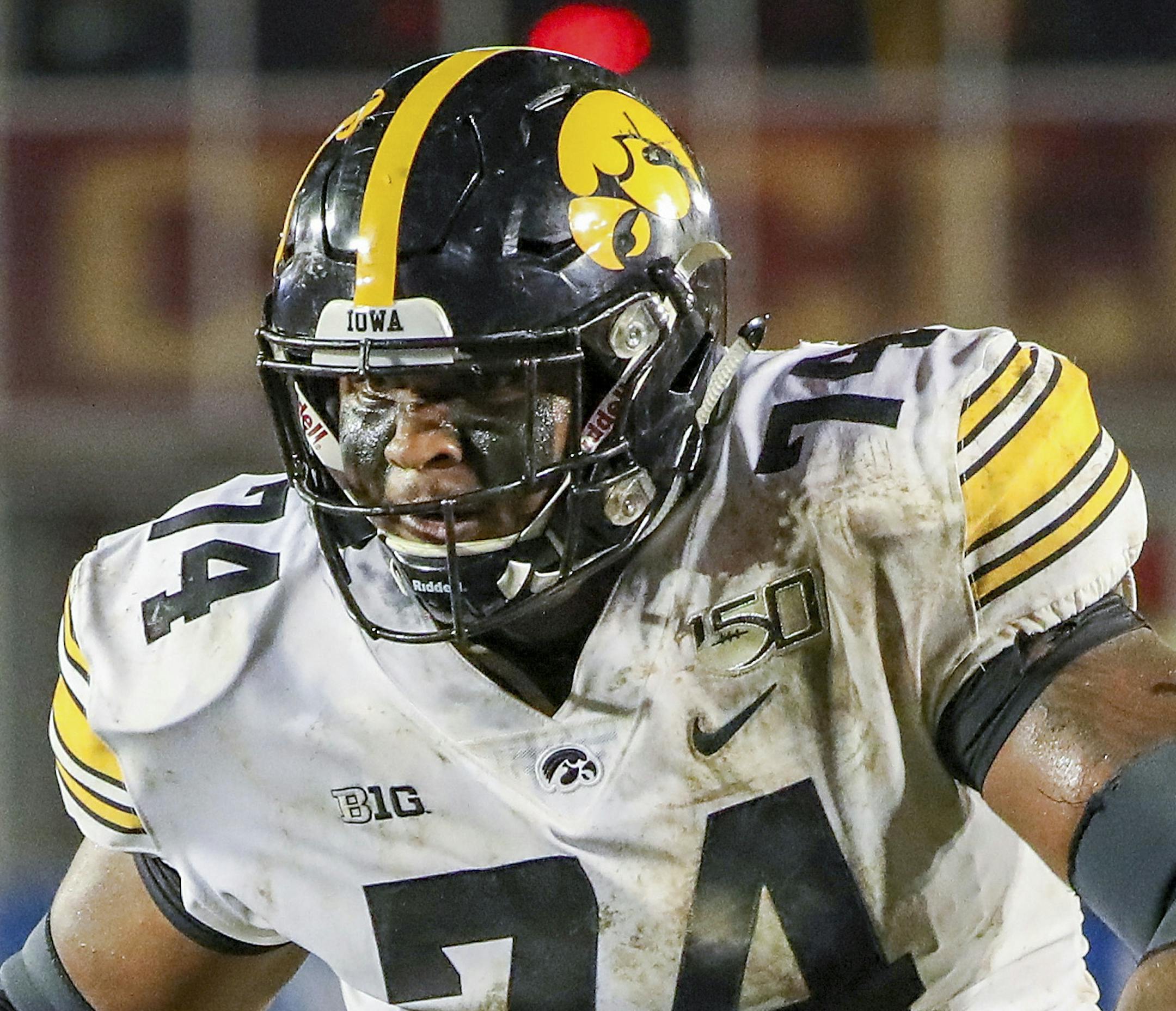 FILE - In this Sept. 14, 2019, file photo,&#xa0;Iowa offensive lineman Tristan Wirfs plays against Iowa State during an NCAA football game, in Ames, Iowa. Wirfs was selected to The Associated Press All-Big Ten Conference team, Wednesday, Dec. 11, 2019. (AP Photo/Justin Hayworth, File)
