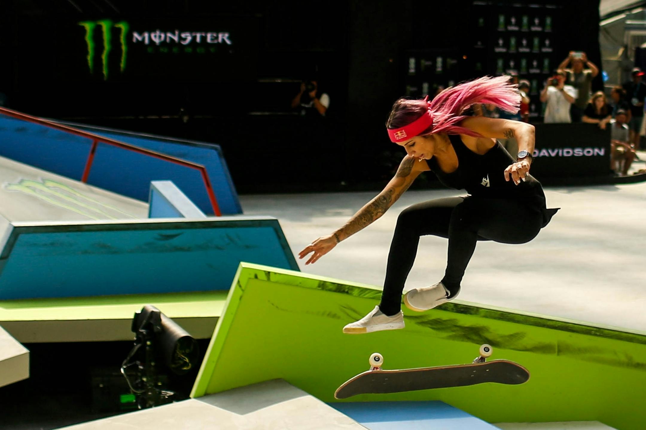 Leticia Bufoni competes during the Women's Skateboard Street finals at the X Games at U.S. Bank Stadium Sunday, August 4, 2019.
