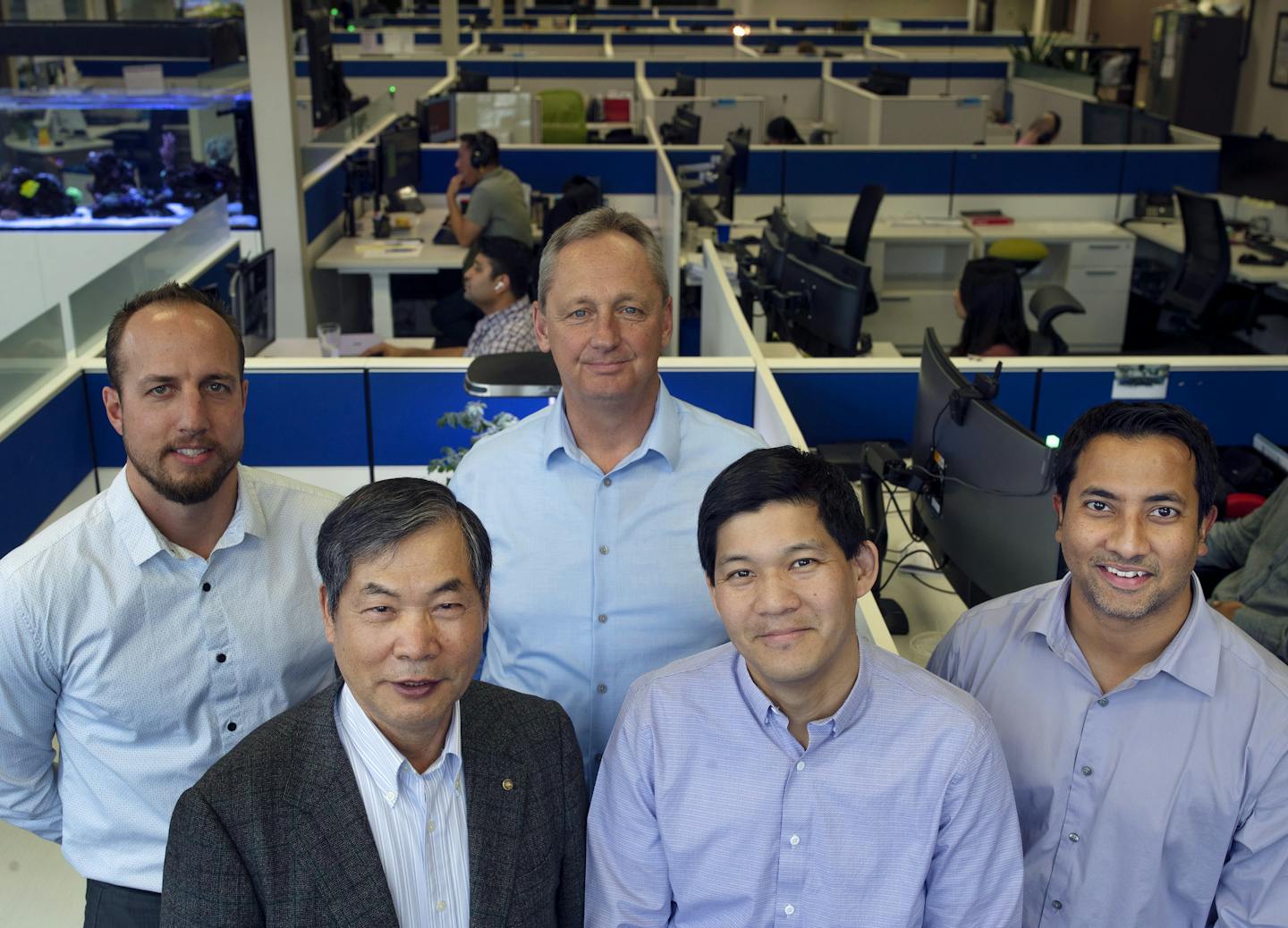 Portrait of Noah Waterhouse, left to right (back row ) Steve Hansen Dennis Kim, Andy Kim, and Sohan Das (front row] at EVS .] Jerry Holt &#x2022;Jerry.Holt@startribune.com. EVS Engineering, acquired by Korean-immigrant engineer Dennis Kim in 1979, almost failed during the Great Recession. Kim, 77, wanted to specialize in an area that would distinguish the 20-person company. He and his son, Andy, 42, settled on planning-and-siting solar installations, which has become a boom industry. The company