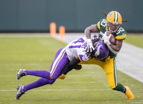 Minnesota Vikings free safety Anthony Harris stopped Green Bay Packers running back Jamaal Williams in the first quarter at Lambeau Field on Nov. 1.