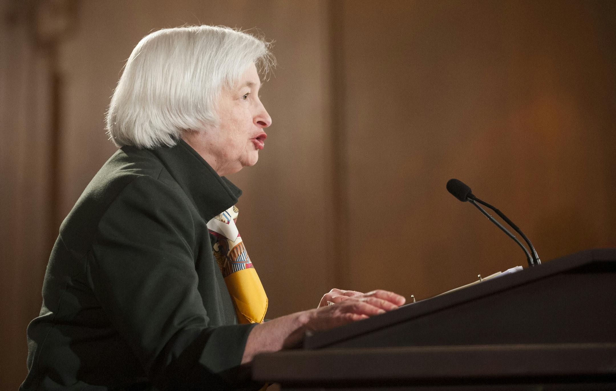 Federal Reserve Chair Janet Yellen speaks during a news conference at the end of the Federal Open Market Committee meeting, Wednesday, March 18, 2015 in Washington. The Federal Reserve forecasts that the U.S. unemployment rate can now fall further without spurring inflation, a sign that it may move slowly in raising interest rates. (AP Photo/Kevin Wolf)