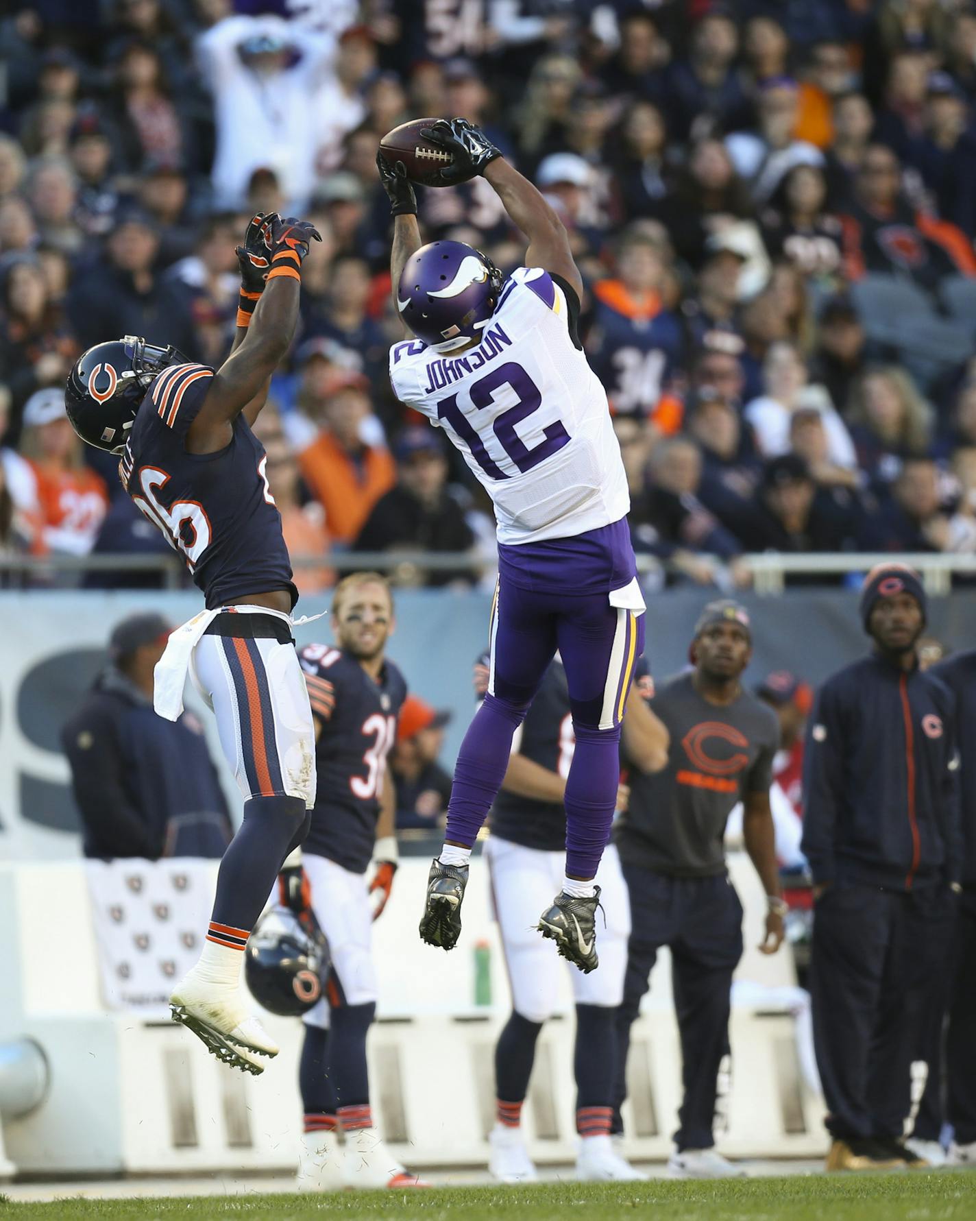 Vikings wide receiver Charles Johnson (12) set up the game winning touchdown with this 35 yard pass reception in front of Bears strong safety Antrel Rolle (26) under a minute left in the fourth quarter Sunday afternoon. ] JEFF WHEELER &#xef; jeff.wheeler@startribune.com The Minnesota Vikings beat the Chicago Bears 23-20 on a last second field goal Sunday afternoon, November 1, 2015 at Soldier Field in Chicago.