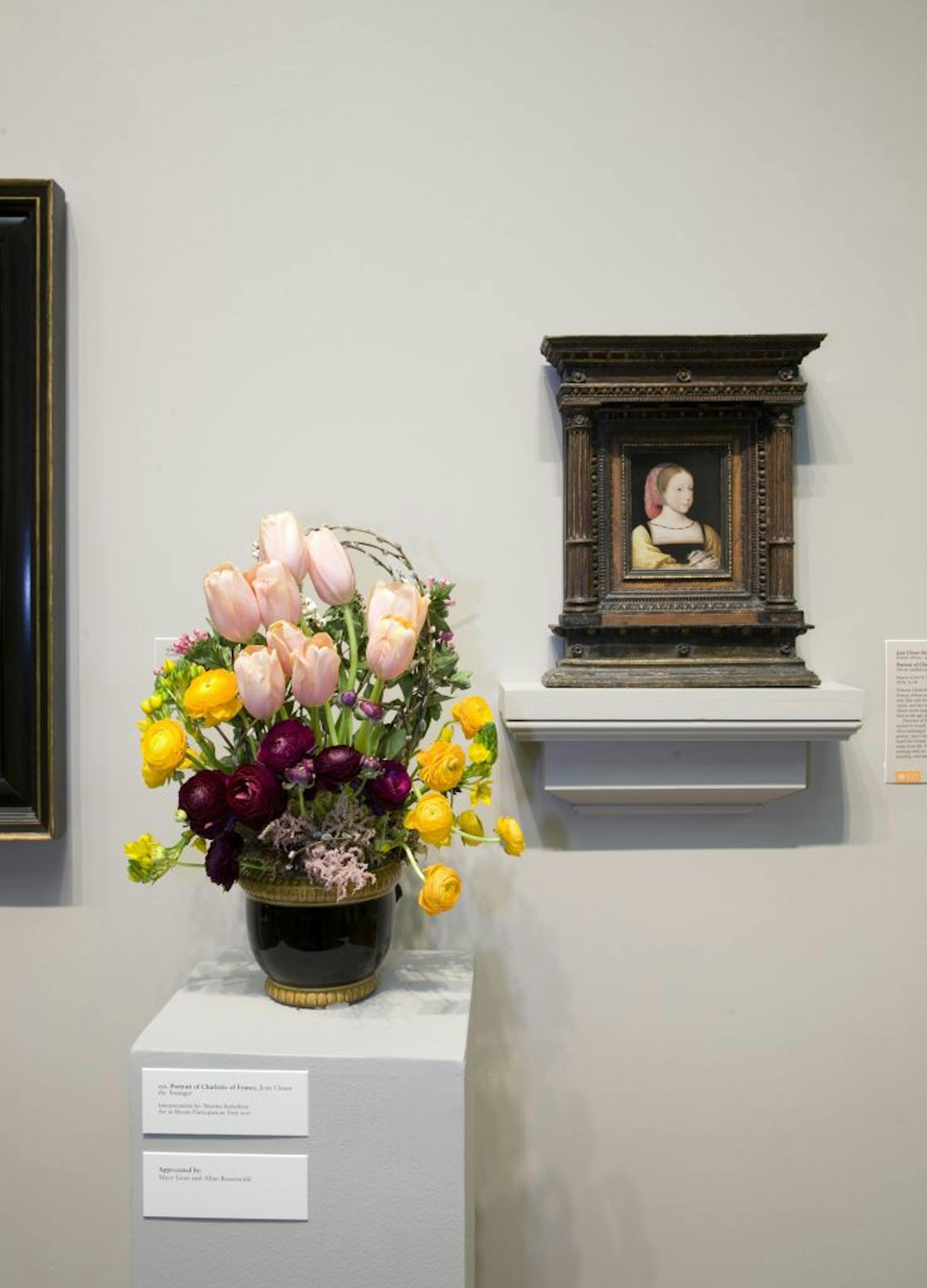 Art in Bloom 2009: An American Classic, April 30-May 3, 2009. Friends of the Institute's 26th annual festival of fresh floral arrangements and fine art. "Portrait of Charlotte of France" by Jean Clouet the Younger interpreted in flowers by Marsha Kalscheur, a first-year participant in Art in Bloom.