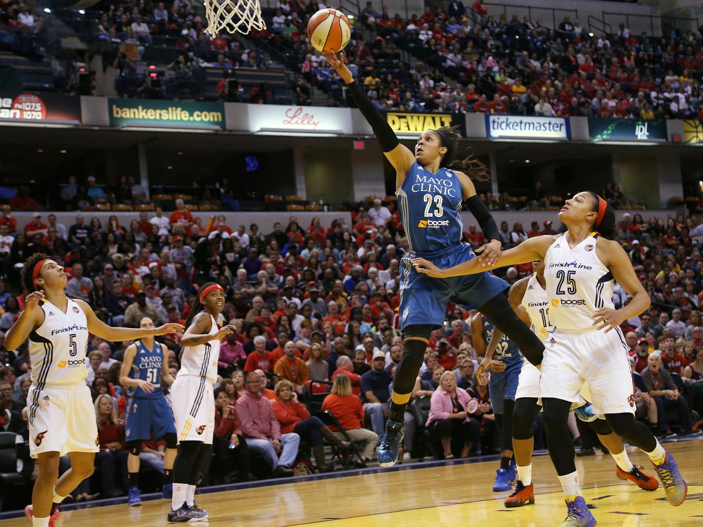 Minnesota Lynx forward Maya Moore (23) shoots during the first quarter. ] (KYNDELL HARKNESS/STAR TRIBUNE) kyndell.harkness@startribune.com Game 4 of the WNBA finals Lynx vs Indiana at the Bankers Life Fieldhouse in Indianapolis, Ind., Sunday October 11, 2015. ORG XMIT: MIN1510112017390356