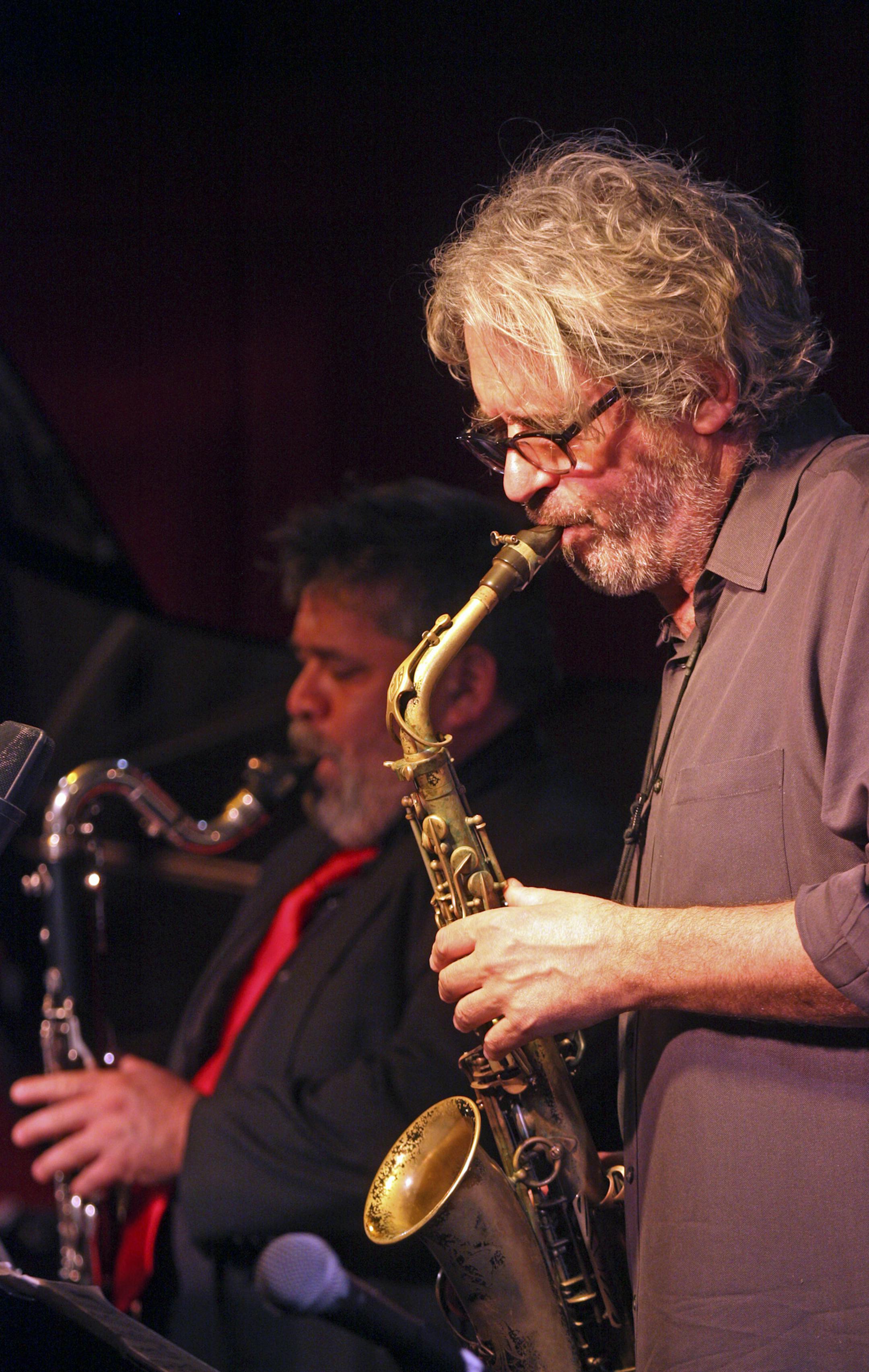 Tim Berne, right, and his band, Snakeoil, play at the Jazz Standard in New York, April 21, 2015. At 60, Berne is an acknowledged influence among composer-improvisers, drawn to the expressive commitment and lurching, contrapuntal force of his music. In the background is Snakeoil's clarinetist, Oscar Noriega. (Hiroyuki Ito/The New York Times)