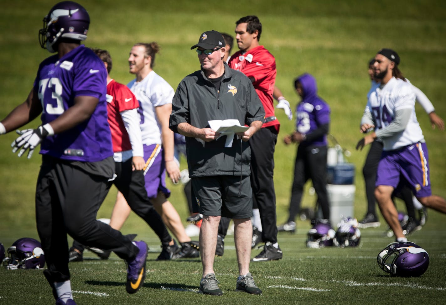 Head coach Mike Zimmer returned to Vikings practice at Winter Park in Eden Prairie, Minn., on Tuesday, June 6, 2017.