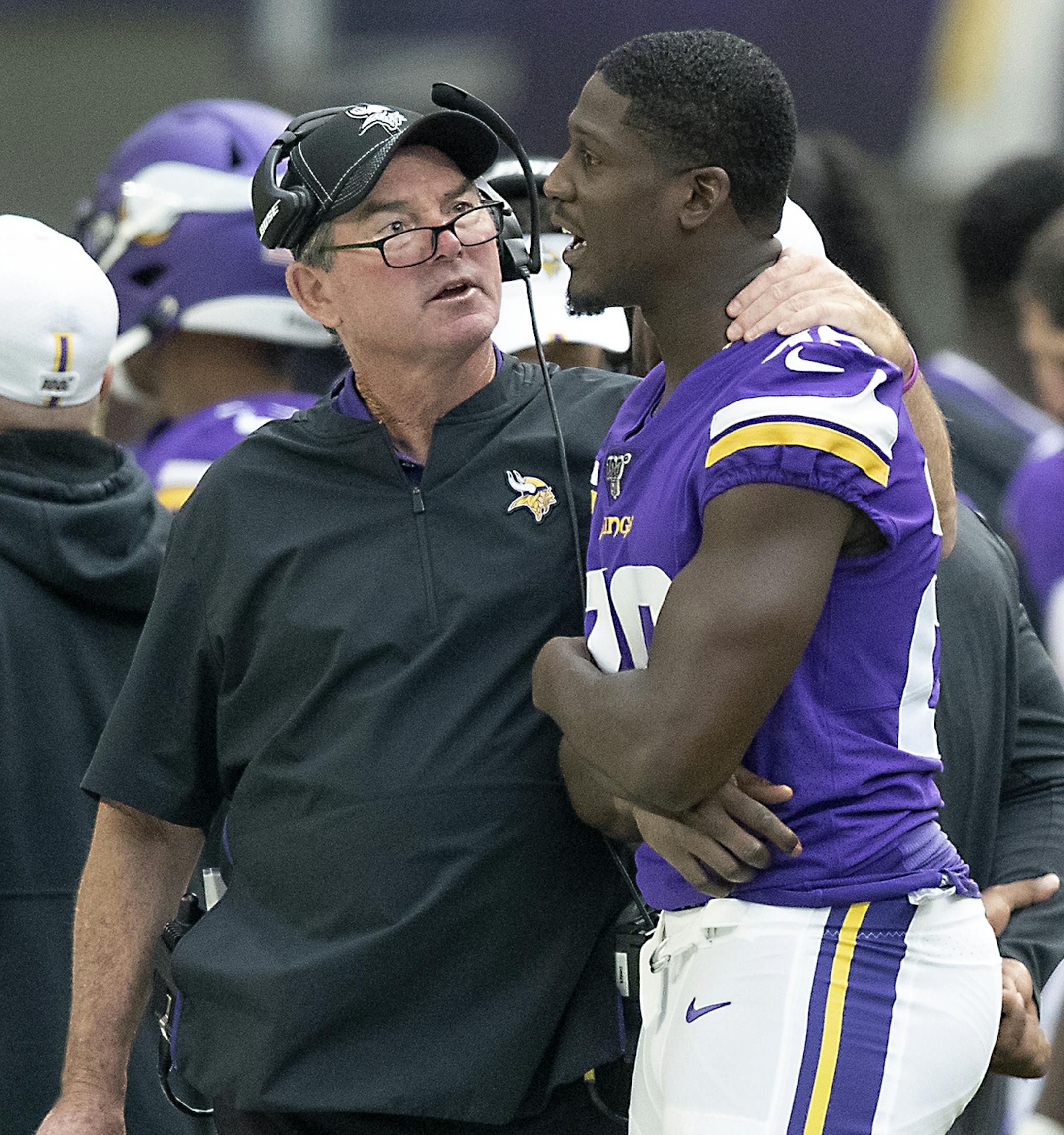 Minnesota Vikings Head Coach Mike Zimmer spoke with Minnesota Vikings cornerback Xavier Rhodes on the sideline in the fourth quarter as the Minnesota Vikings took on the Arizona Cardinals at US Bank Stadium, Saturday, August 24, 2019 in Minneapolis, MN. ] ELIZABETH FLORES &#x2022; liz.flores@startribune.com