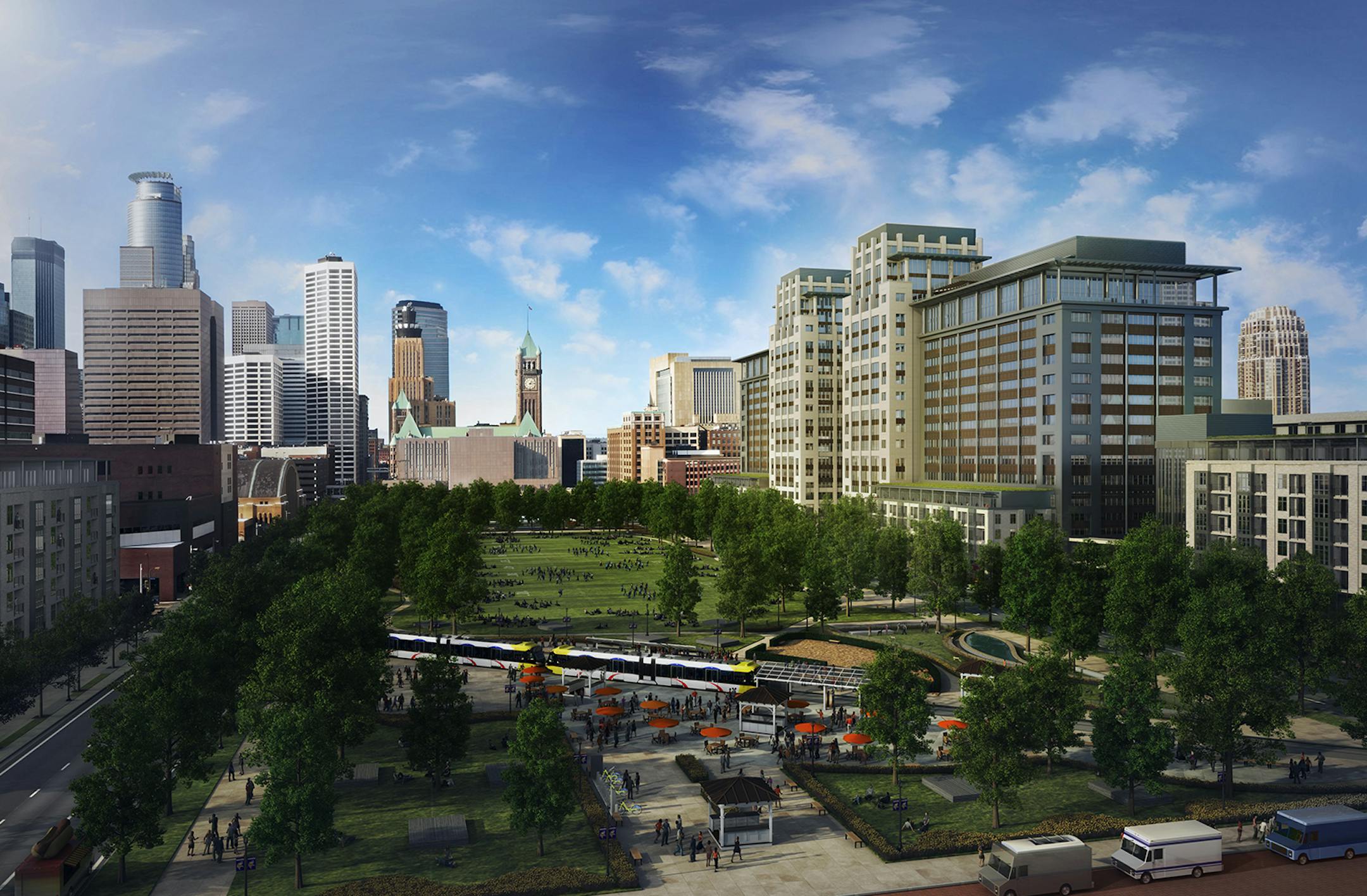 Provided by Ryan Companies The Yard: a new park in the heart of the emerging Stadium area on the two blocks between Park and 5th Avenues South and 4th and 5th Streets South. Available year-round for game-day activities, daily use by office workers, neighborhood sports and gatherings, and special events of all kinds. Major public amenity that will spur further private development in the stadium area. viking stadium rendering