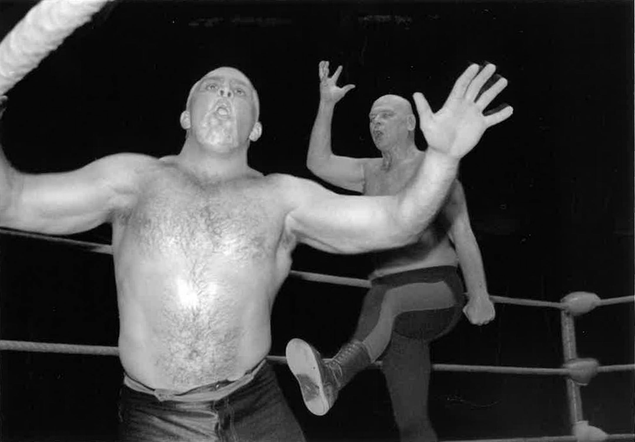 Baron Von Raschke displayed his signature move, the claw, while about to pounce on Paul Ellering.