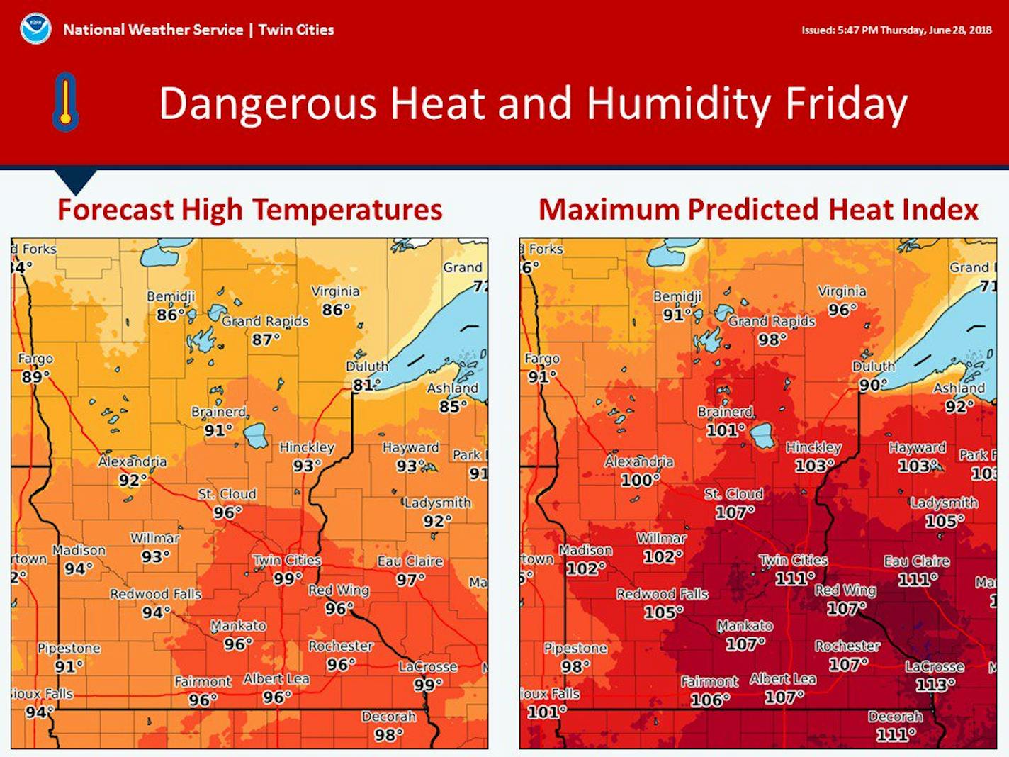 Heat and humidity are expected Friday and Saturday in the Twin Cities and around Minnesota.