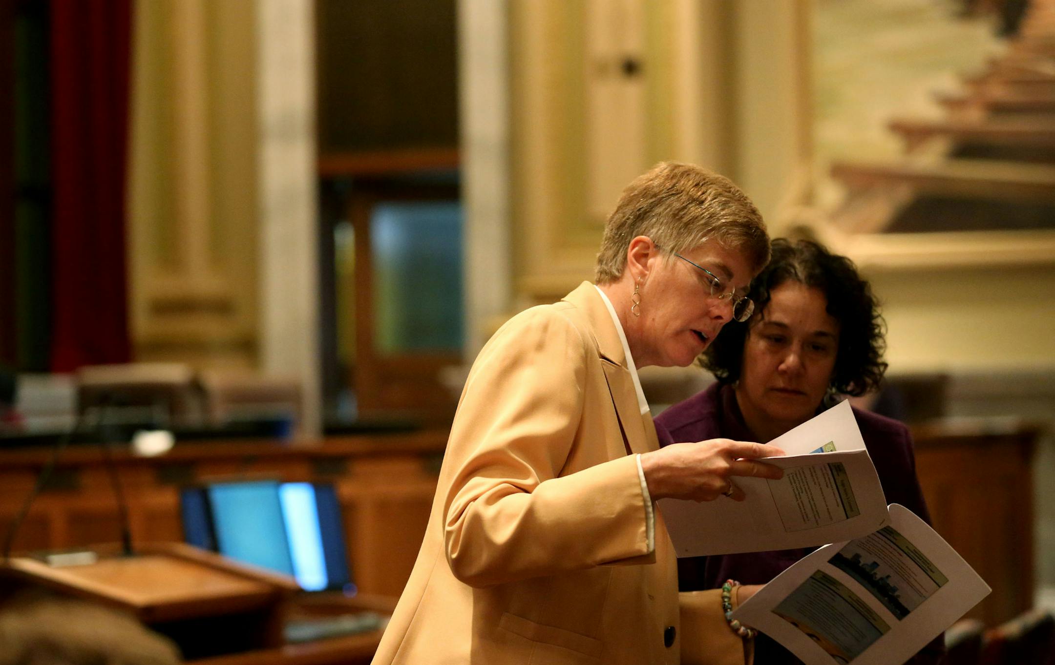 Jayne Miller, superintendent of Minneapolis Park and Recreation Board, left, and Julia Wiseman, finance director, went over their presentation before talking to city council ] (KYNDELL HARKNESS/STAR TRIBUNE) kyndell.harkness@startribune.com Minneapolis budget subcommittee meeting at City Hall in Minneapolis Min., Tuesday, October 25, 2014.