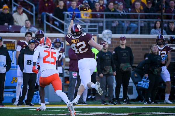 Minnesota Gophers tight end Ko Kieft (42) catches a pass for a first down during the first half.