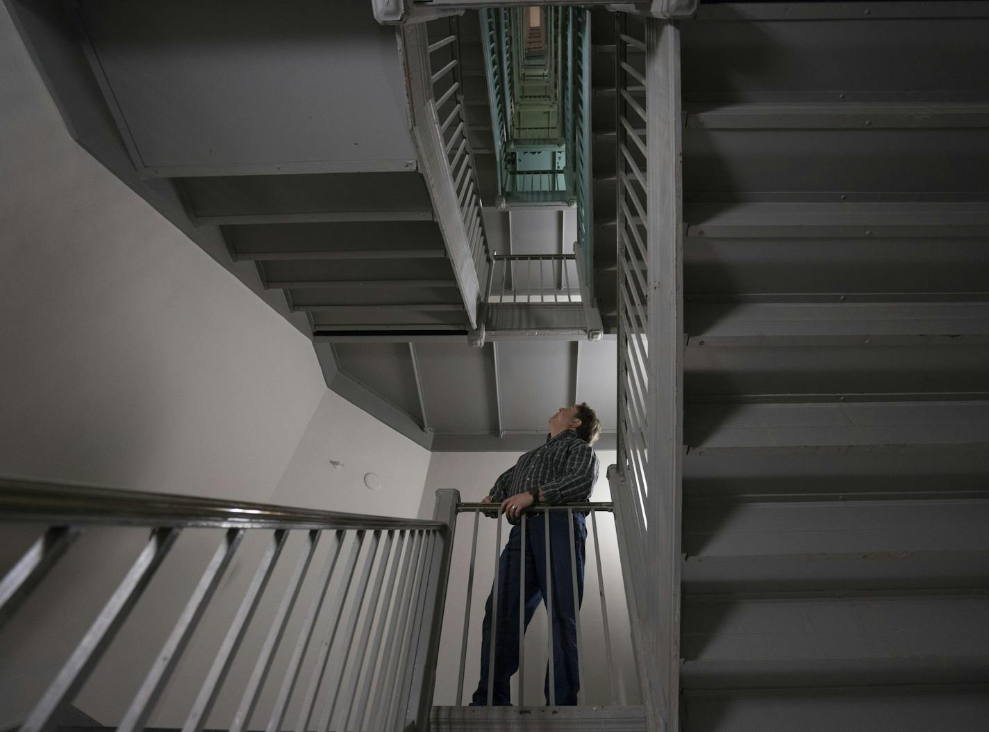 Project manager for MSR Design, Rhys MacPherson looks up the original staircase outside MSR's new office space on the second floor of 510 Marquette in downtown Minneapolis on Thursday, Feb. 14 2019. ]
TONY SAUNDERS &#xb0; anthony.saunders@startribune.com While the office space will be renovated, the original stairs, will remain the same.