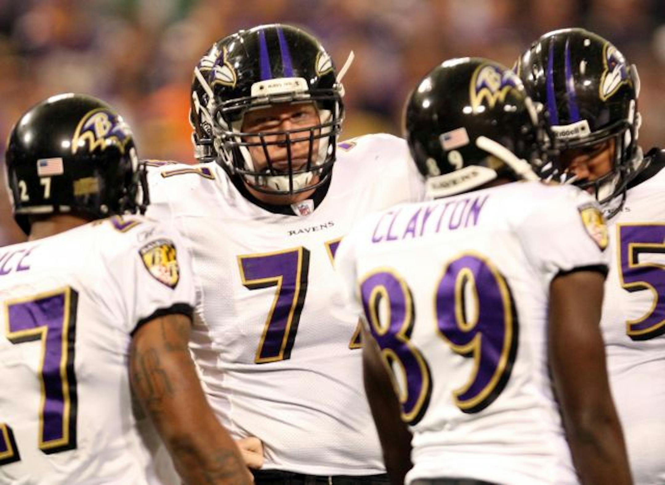 Former Vikings center Matt Birk (77) is now on the Baltimore Ravens.