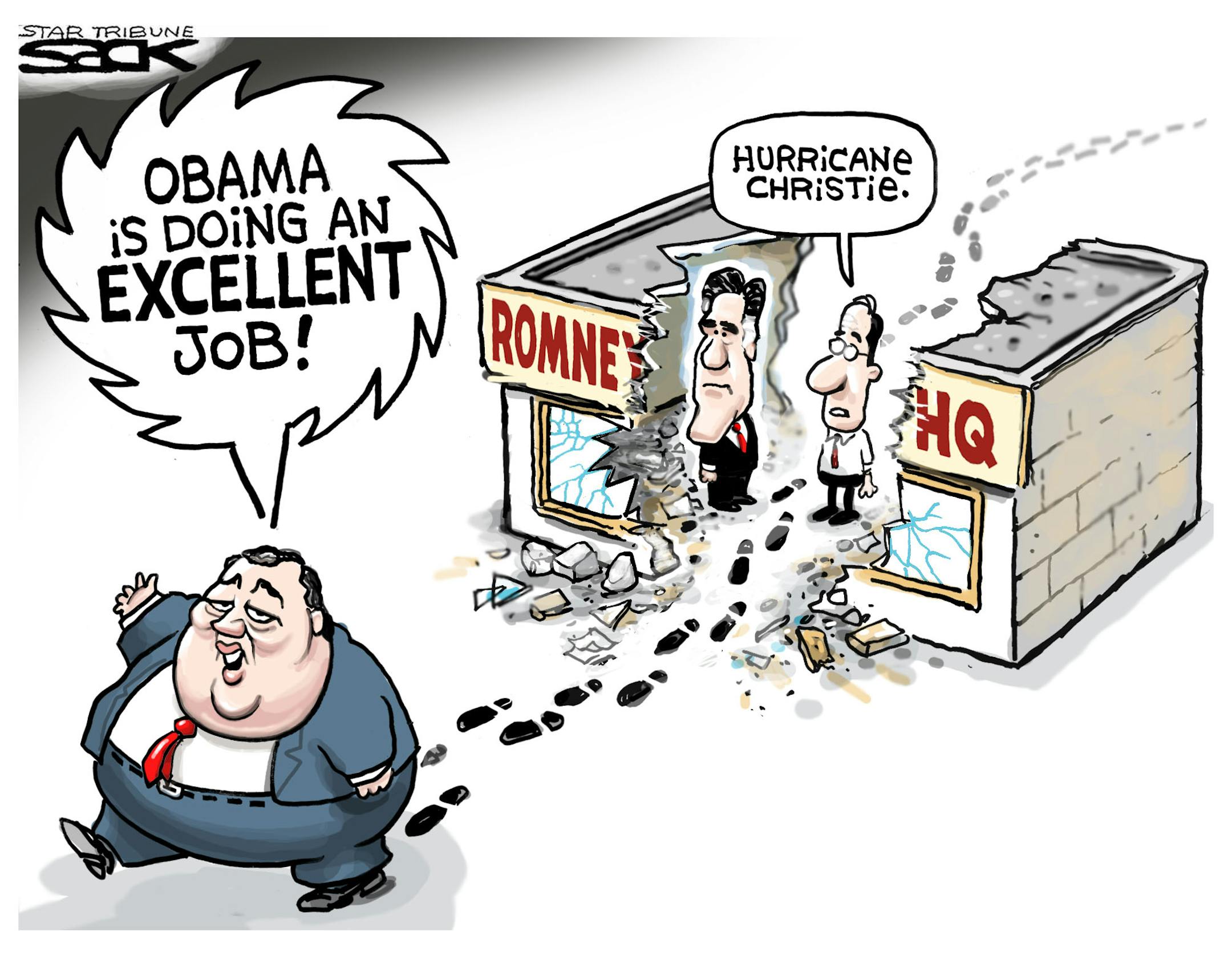 Steve Sack editorial cartoon for Nov. 2, 2012. Topic: New Jersey Gov. Chris Christie's praise of President Obama's handling of Hurricane Sandy. Christie is a Republican.