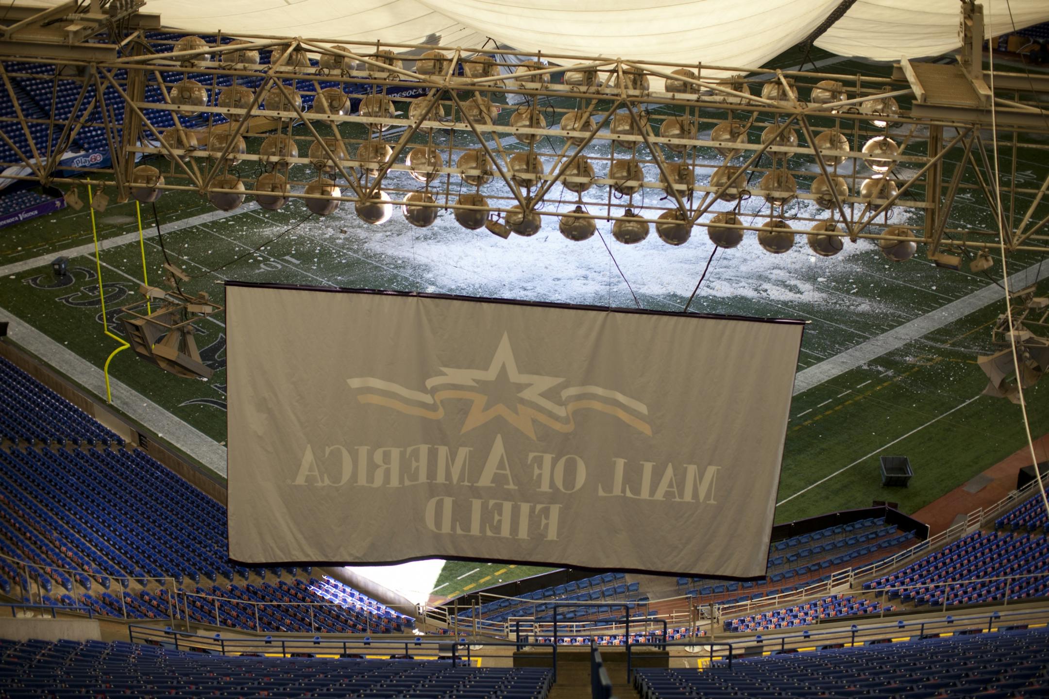 The Mall of America Field sign was hanging just a few feet above the seats in the upper deck Sunday morning.