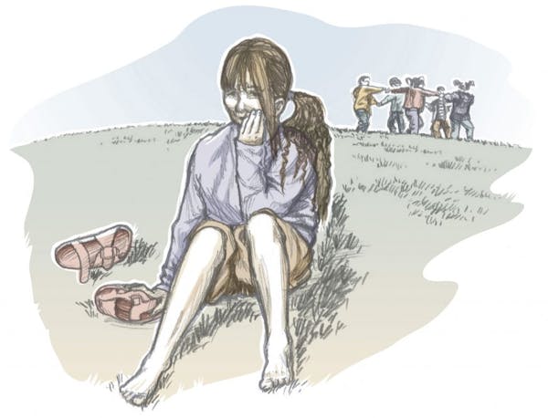 Illustration of autistic girl sitting alone while her peers play.