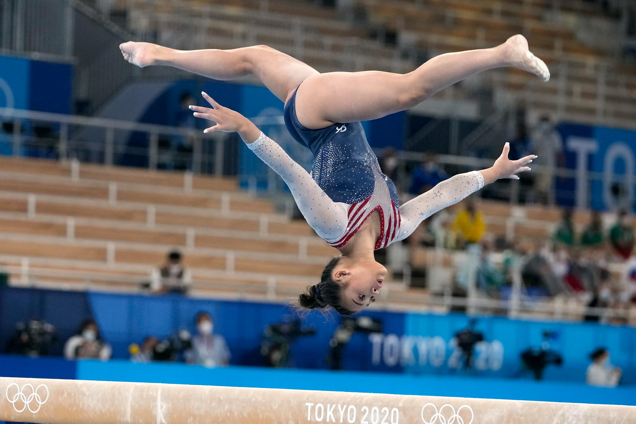 Suni Lee, of the United States, performs on the balance beam during the artistic gymnastics women's all-around final at the 2020 Summer Olympics, Thursday, July 29, 2021, in Tokyo. (AP Photo/Natacha Pisarenko)