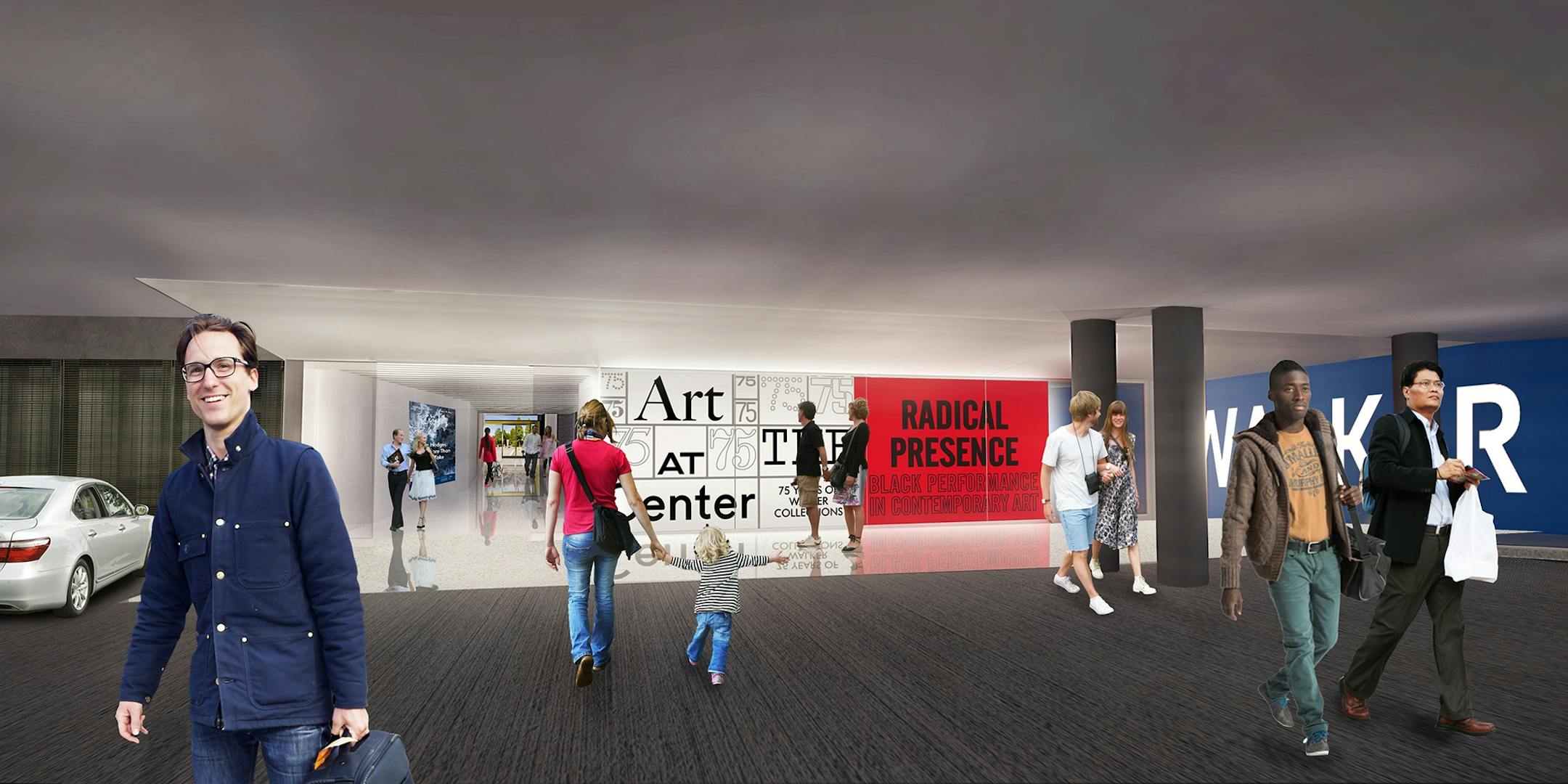 A wide, skylit concourse will connect the Walker's parking ramp to the new entrance facing the Minneapolis Sculpture Garden. The concourse will replace the narrow labyrinthine hallway that now leads from the parking ramp to the cinema lobby.