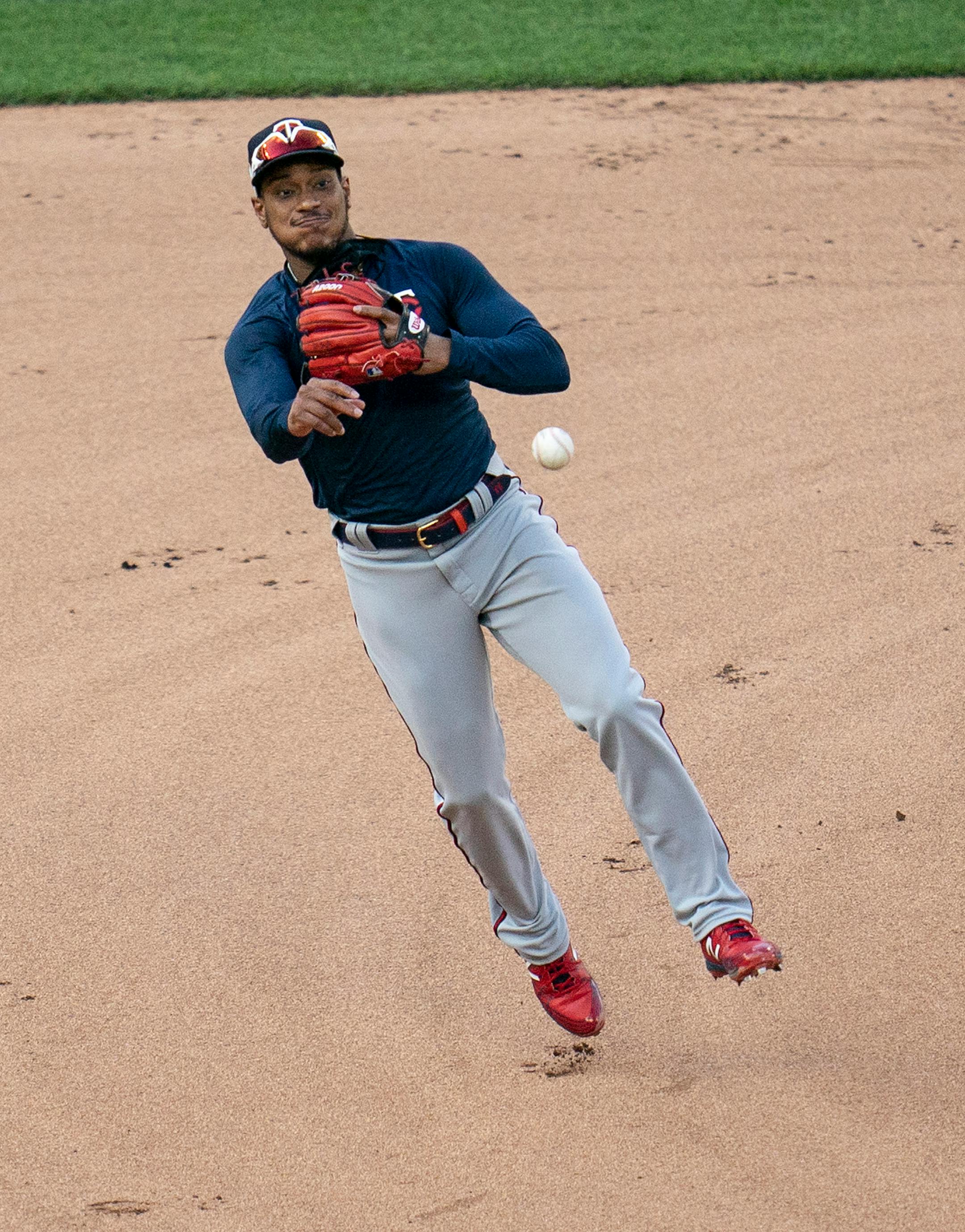 Minnesota Twins shortstop Jorge Polanco (11) passed the ball during a scrimmage at practice at Target Field in Minneapolis, Minn., on Wednesday, July 8, 2020.