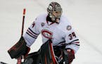 St. Cloud State goalie David Hrenak against Colorado College during an NCAA hockey game on Friday, Feb. 8, 2019 in St. Cloud, Minn.
