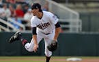 Minnesota Twins Ryne Harper pitches in the ninth inning of their spring training baseball game against the Boston Red Sox in Fort Myers, Fla., Friday,