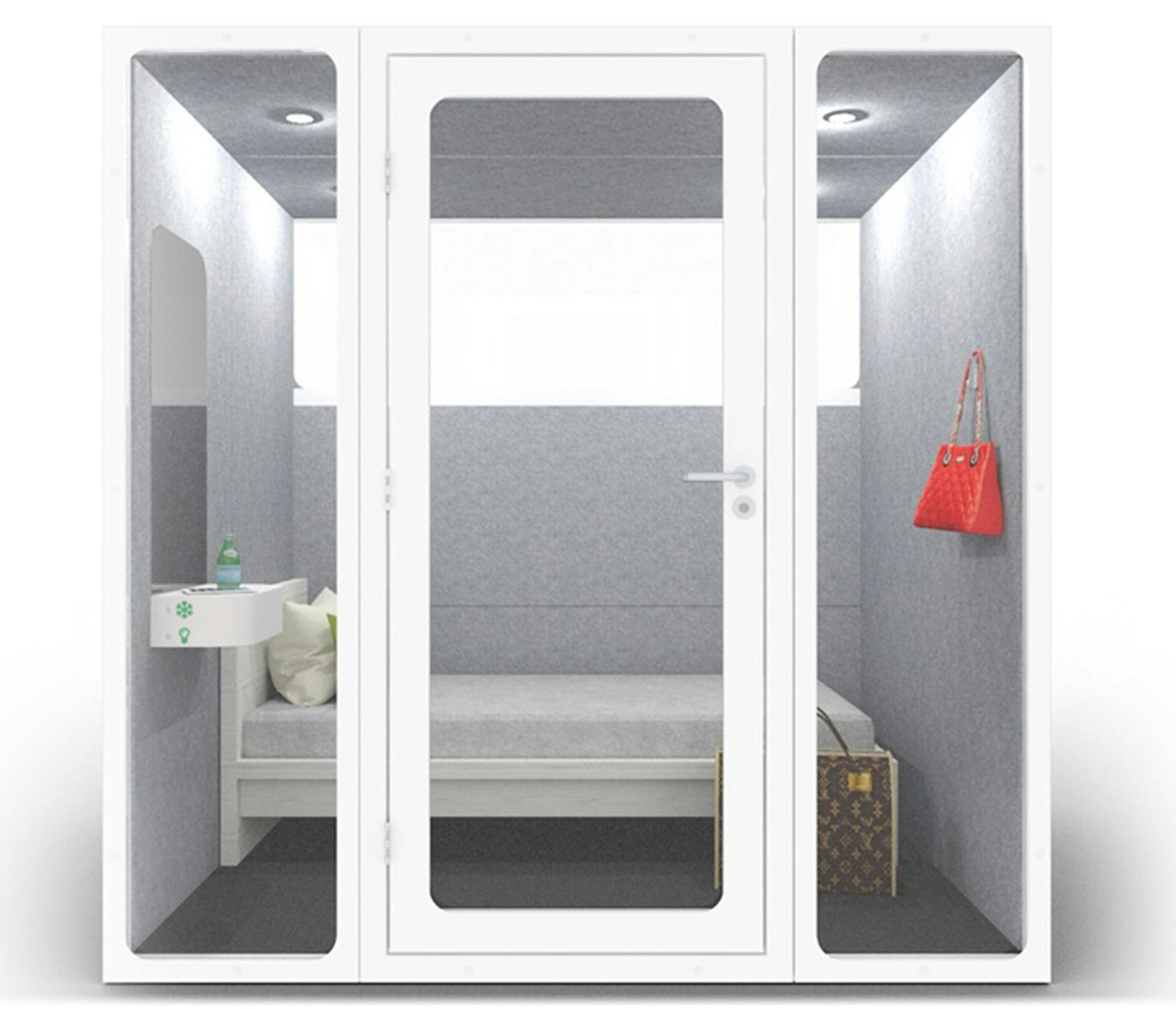An example of a Hohm pod from their website. Each pod has a twin-sized bed, a mirror and phone charging stations, as well as soundproofing. (Hohm/TNS) ORG XMIT: 1254913