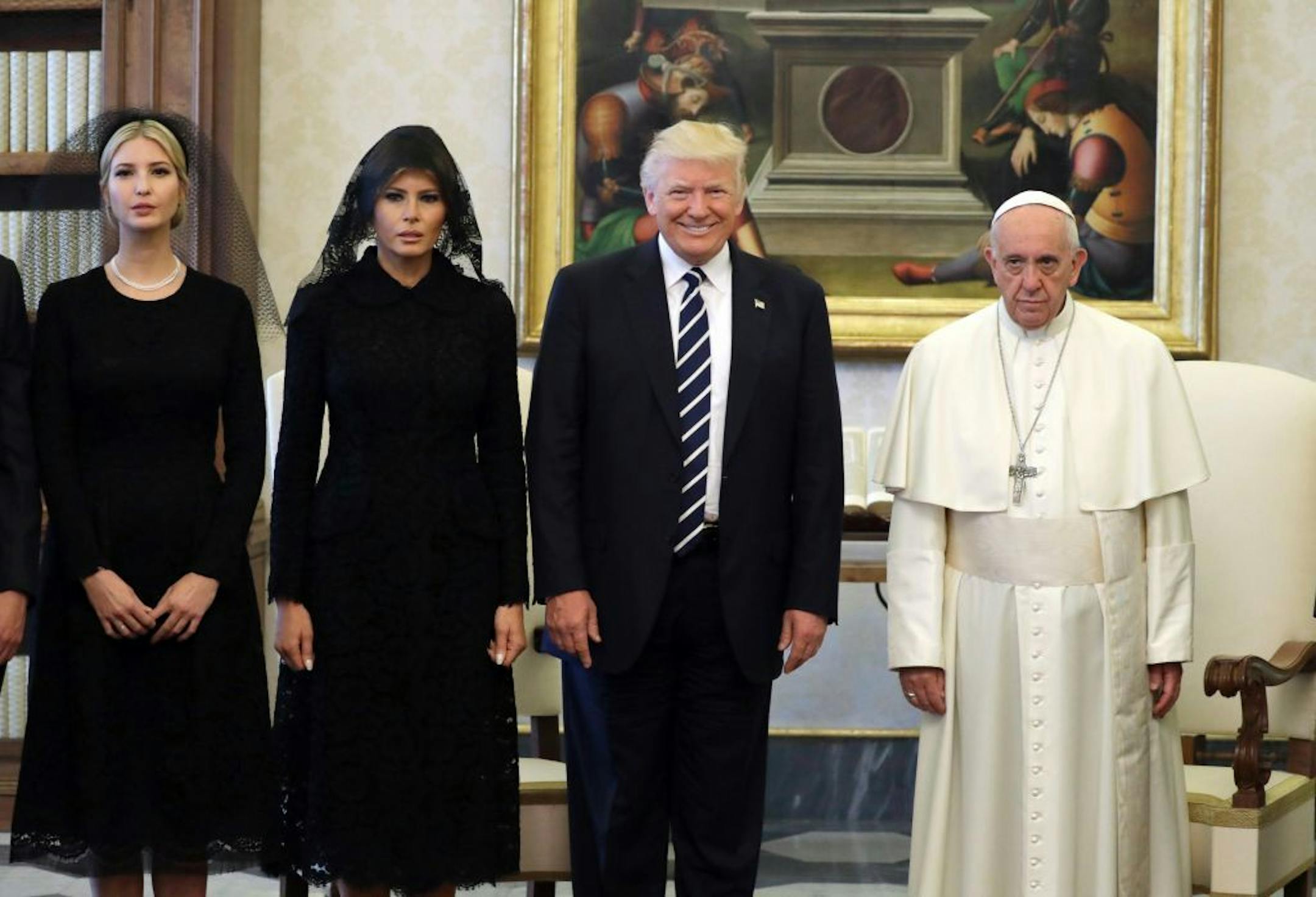 Ivanka Trump, first lady Melania Trump and President Donald Trump meet with Pope Francis at the Vatican, May 24, 2017. The Pope welcomed Trump to the Vatican Wednesday, shaking his hand before ushering him into his study for the first face-to-face meeting of the two leaders, who symbolize starkly different views of the world. (Evan Vucci/Pool via The New York Times) -- FOR EDITORIAL USE ONLY. --
