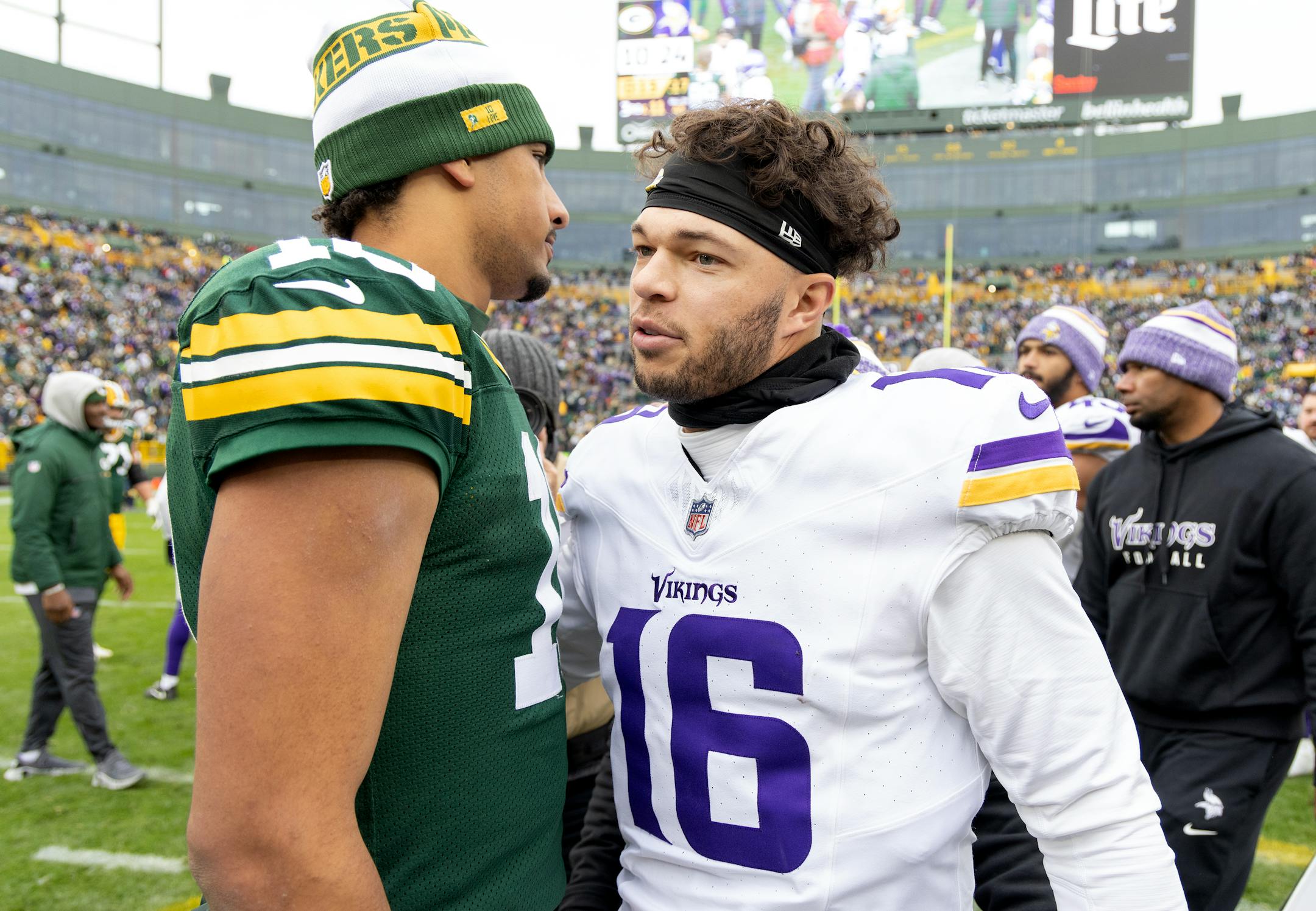 Green Bay Packers quarterback Jordan Love (10) and Minnesota Vikings quarterback Jaren Hall (16) at the end of the game Sunday, October 29, 2023, at Lambeau Field in Green Bay, Wis. ] CARLOS GONZALEZ • carlos.gonzalez@startribune.com