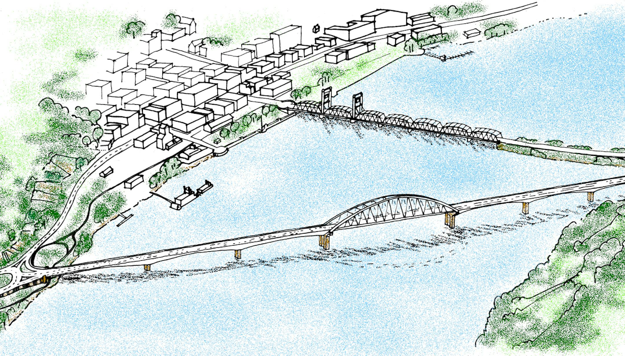 The alternative Stillwater bridge proposed by the Sensible Stillwater Bridge coalition is a narrower, three-lane bridge that would angle from south of Stillwater, at Oak Park Heights, to where the Stillwater Lift Bridge meets the Wisconsin side of the river.