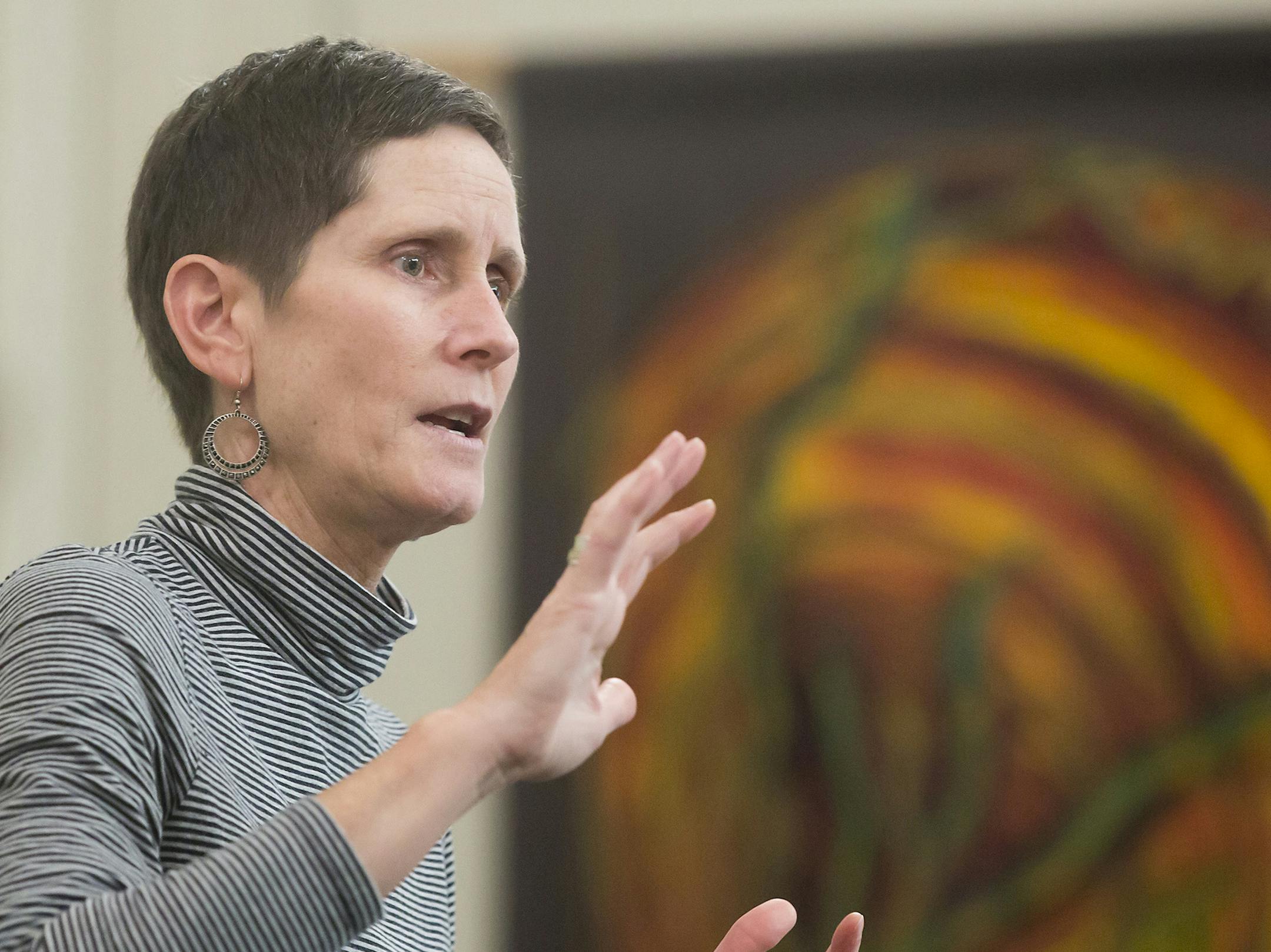 Rev. Beth Brown speaks to members of her fellowship concerning their thoughts on becoming one of Chicago's sanctuary churches during the annual congregation meeting of Lincoln Park Presbyterian Church, Sunday, Jan. 29, 2017, in the Lincoln Park neighborhood of Chicago. Lincoln Park Presbyterian Church recently decided to become a sanctuary church and will eventually open its doors to people seeking safety in Chicago. (Alyssa Pointer/Chicago Tribune/TNS)