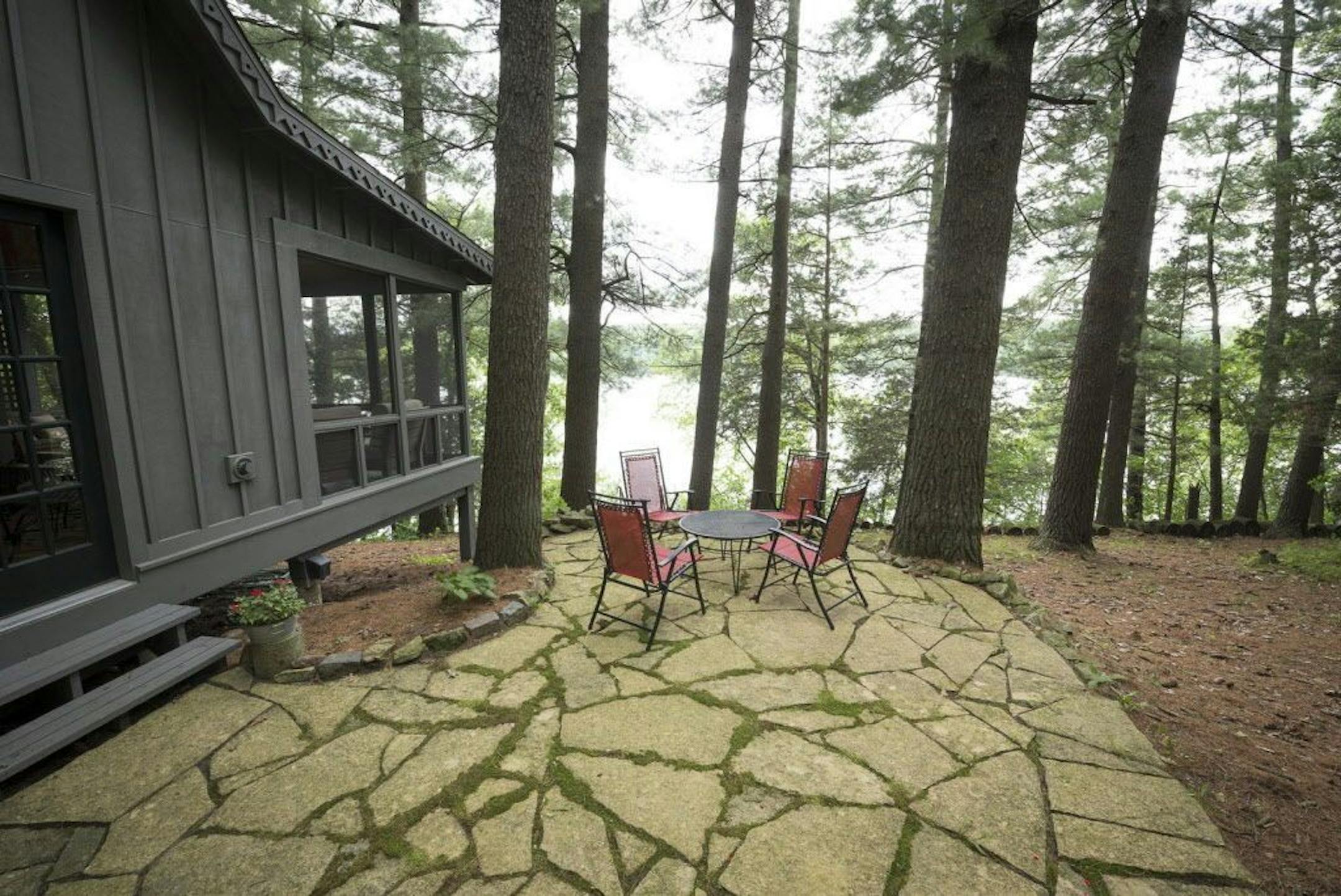 A patio overlooks the river.