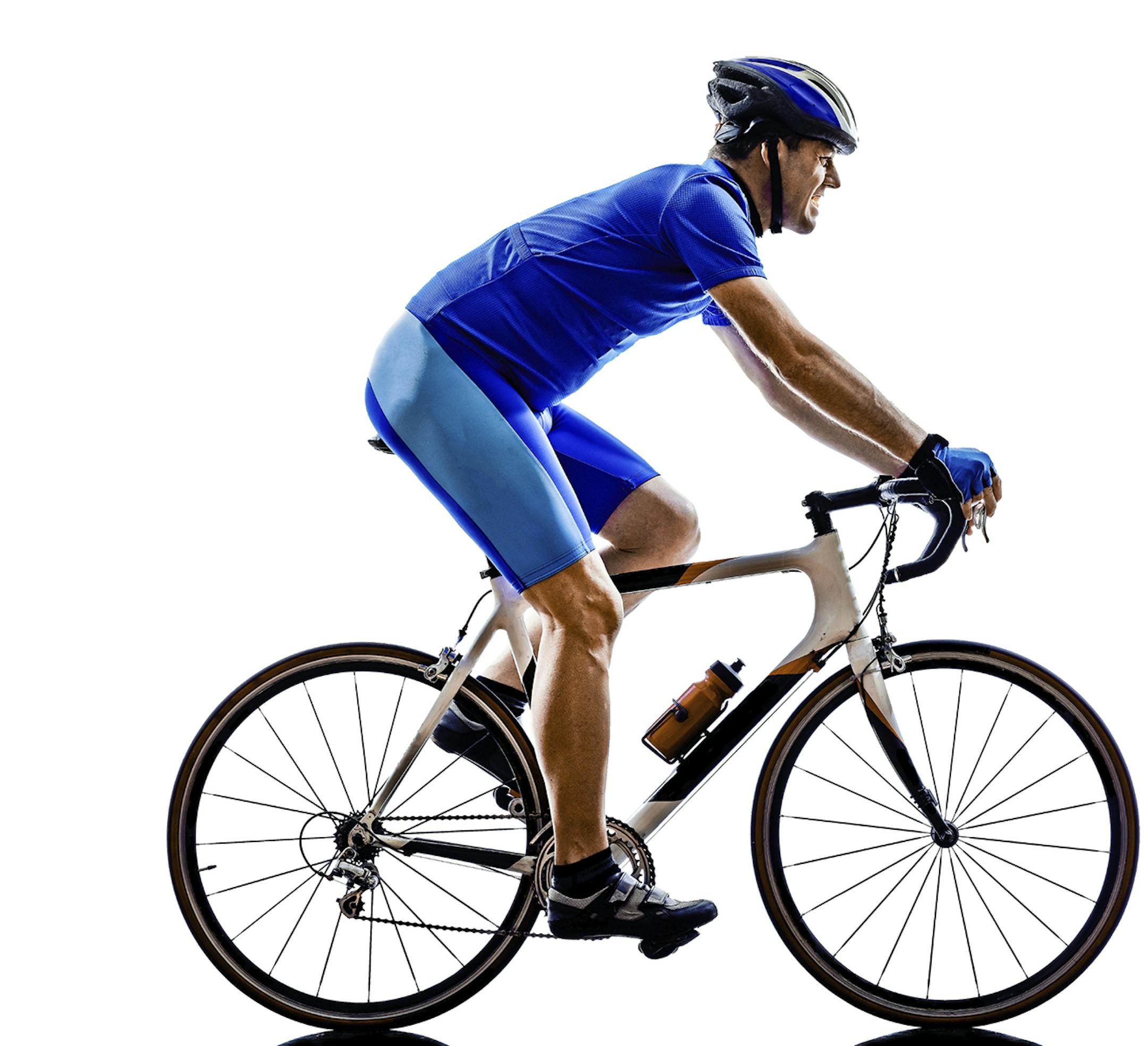 one cyclist road bicycle in silhouette on white background
