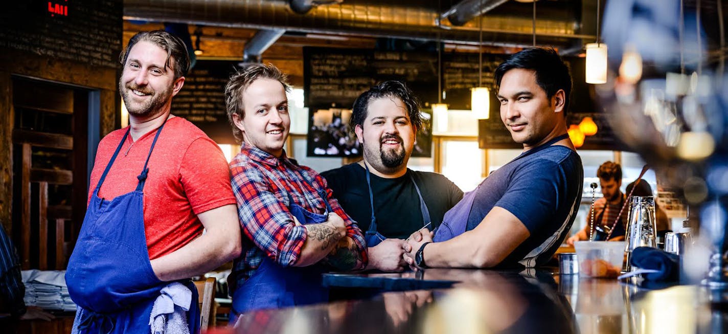 Travail Kitchen & Amusements in Robbinsdale switched to an advance online ticketing system, which adds a standard gratuity, just under a year ago. "And no one blinked," said chef/co-owner Mike Brown, second from right. Also pictured, from left, are James Winberg, Kale Thorne and Bob Gerken.