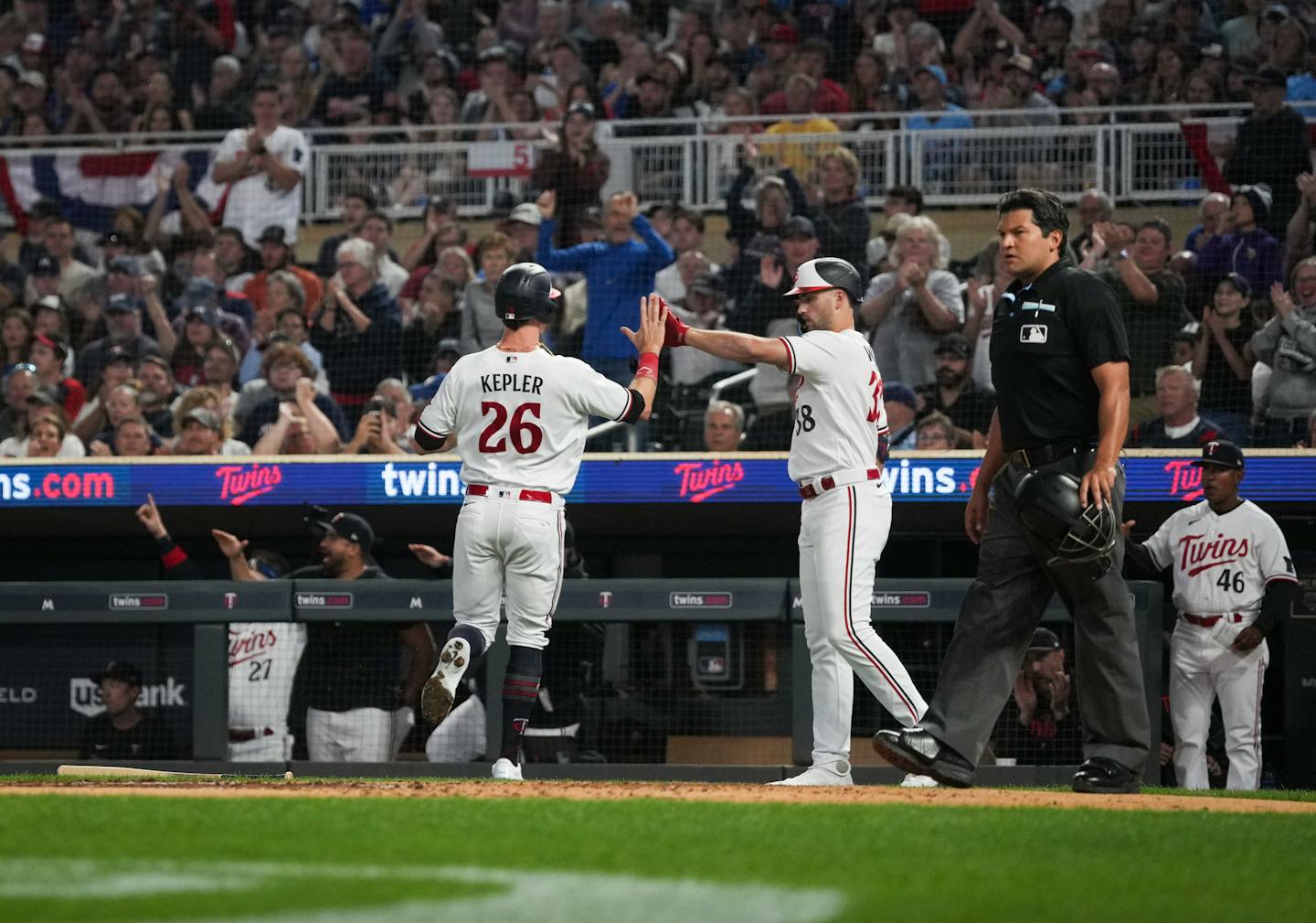 Minnesota Twins right fielder Max Kepler (26) runs home on a hit by Minnesota Twins center fielder Michael A. Taylor (2) in the second inning. The Minnesota Twins hosted the Los Angeles Angels at Target Field on Friday, Sept. 22, 2023 in Minneapolis, Minn. ] RENEE JONES SCHNEIDER • renee.jones@startribune.com