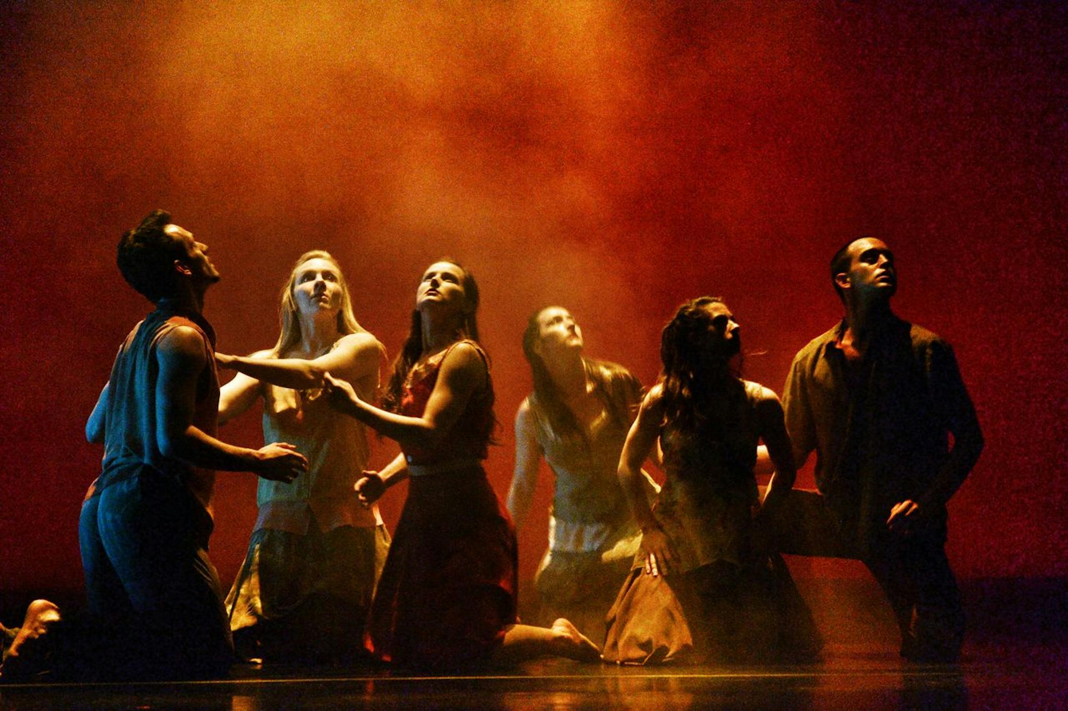Members of Shapiro & Smith Dance in the work "Burning Air." From left, Andrew Lester, Laura Selle Virtucio, Kari Mosel, Megan McClellan, Lauren Baker and Scott Mettille.