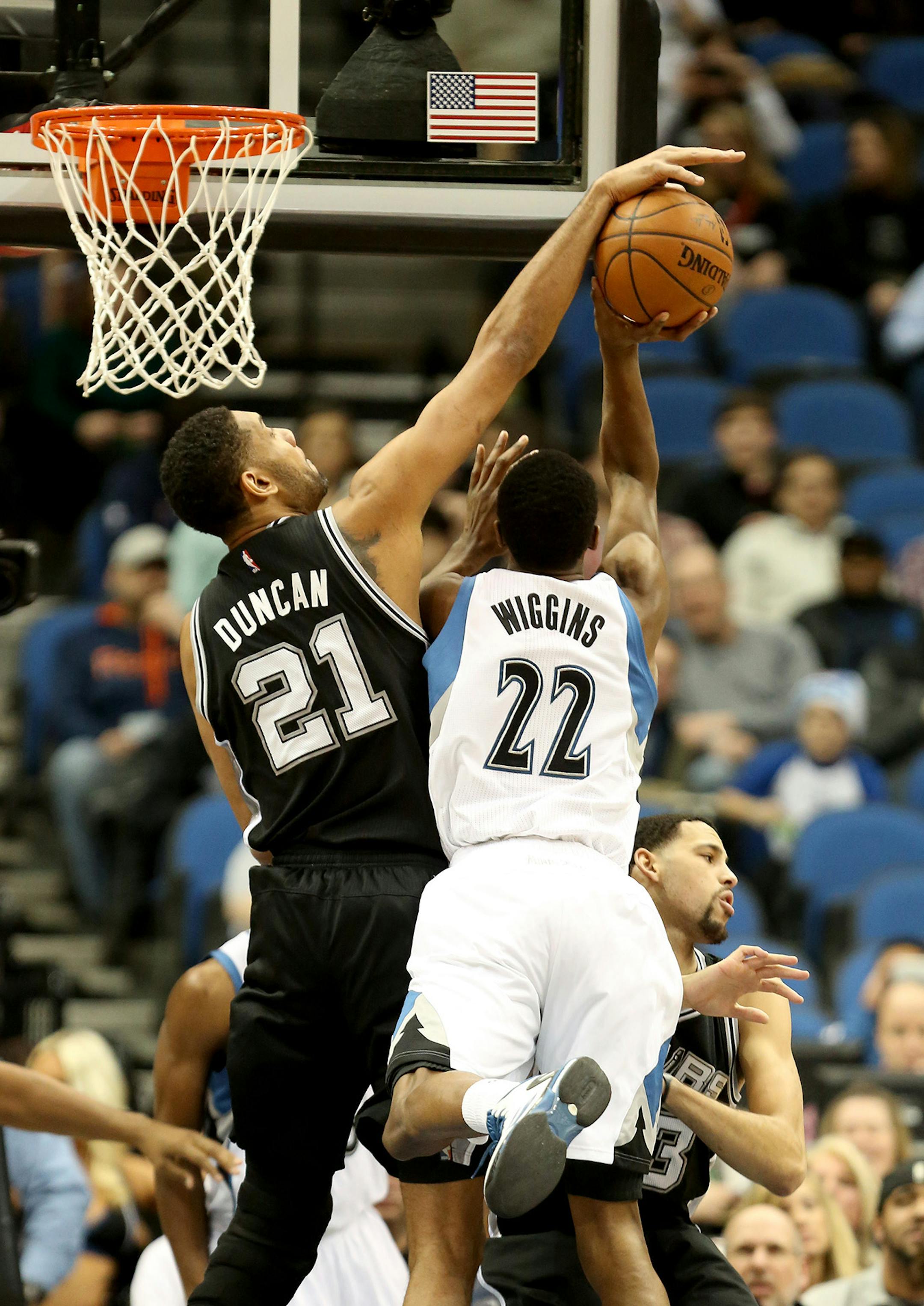 Wolves Andrew Wiggins got blocked by Spurs Tim Duncan during the first half. ] (KYNDELL HARKNESS/STAR TRIBUNE) kyndell.harkness@startribune.com Timberwolves vs San Antonio at the Target Center in Minneapolis Min., Saturday, January 10, 2014.