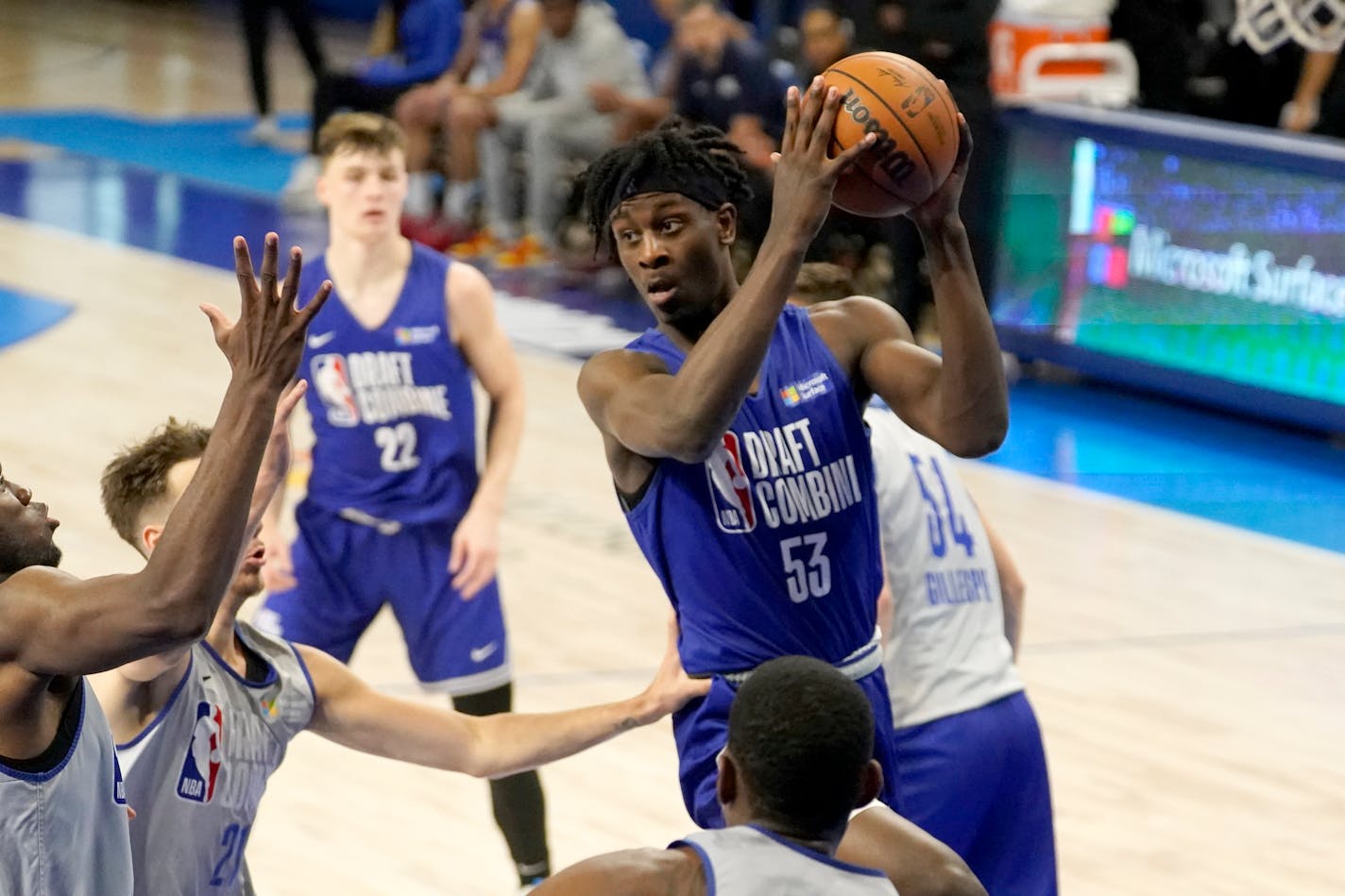 Leonard Miller participates in the NBA basketball draft combine at the Wintrust Arena Friday, May 20, 2022, in Chicago. (AP Photo/Charles Rex Arbogast)