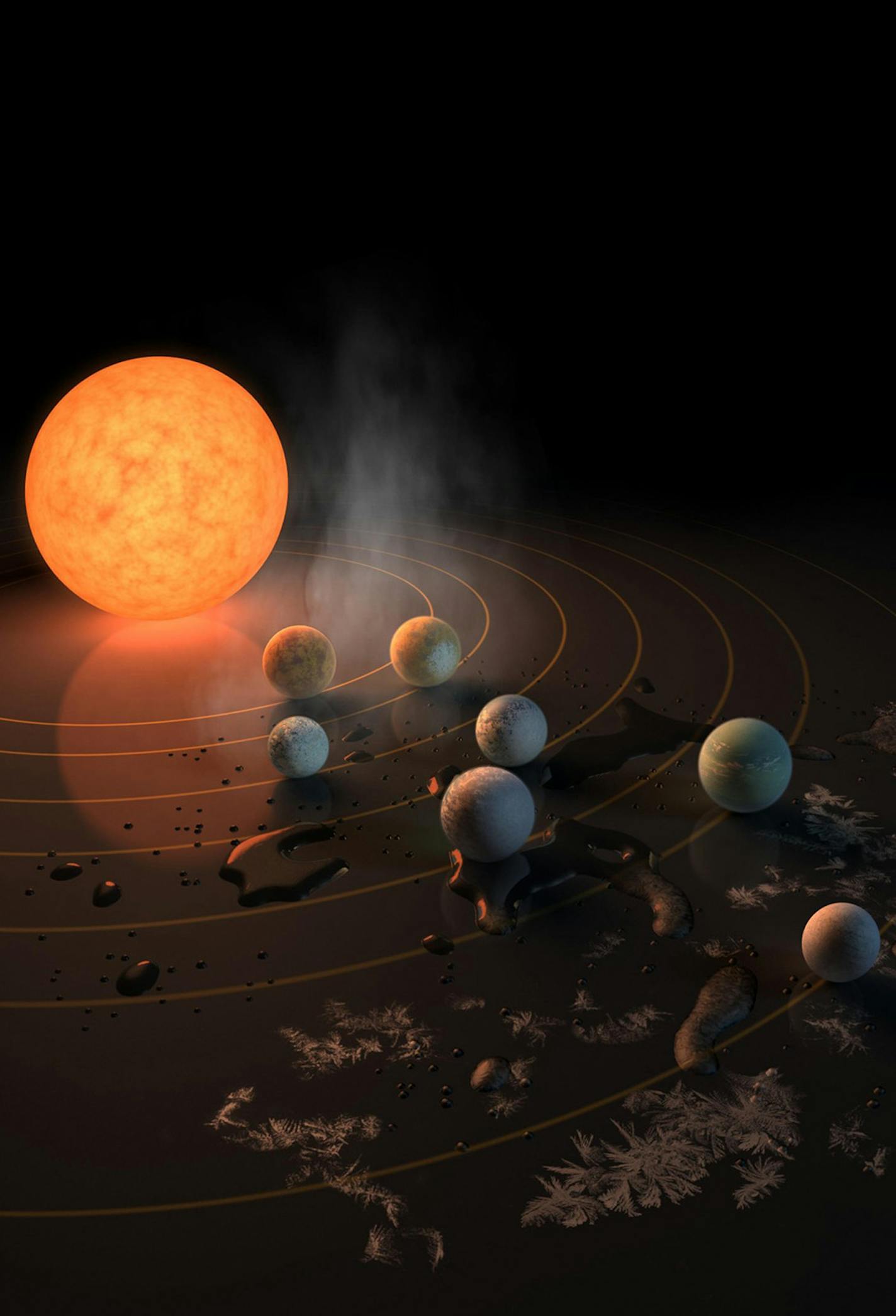 The seven planets of the TRAPPIST-1 system orbit a dim red dwarf star. MUST CREDIT: Photo courtesy of NASA/JPL-Caltech