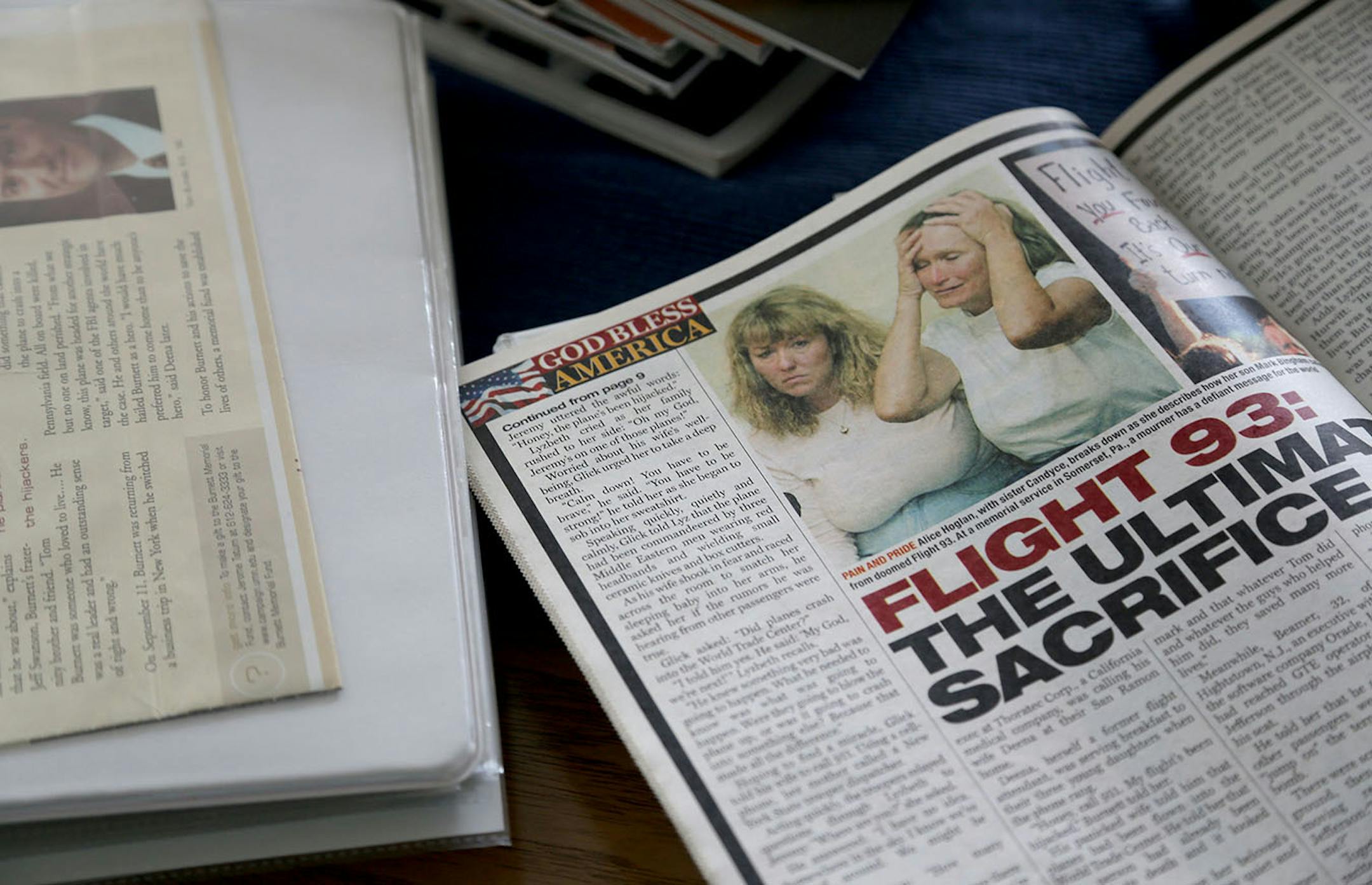Articles the Burnett family had kept about 9/11 and their son Tom Burnett Jr.