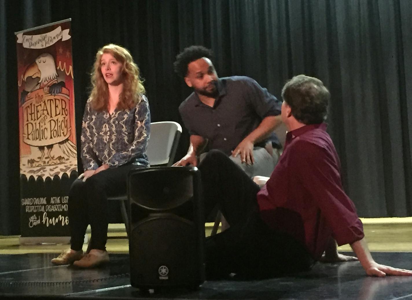 Sami Haeli, Darwin Smith and Jim Robinson during a performance by the Theater of Public Policy at Tennessee State University in Nashville.