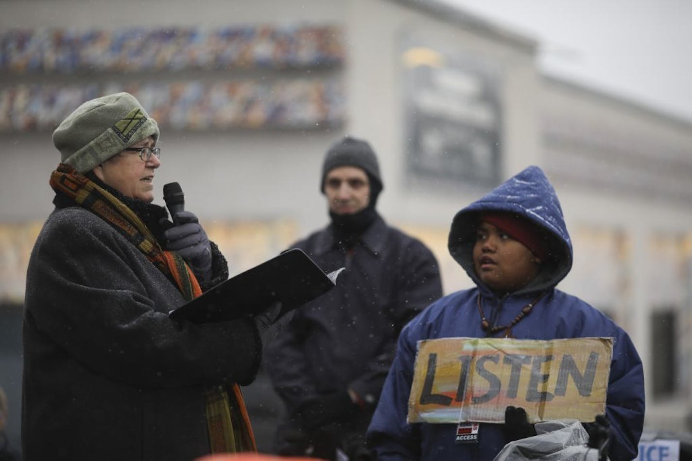 Fulton resident Katherine Hamberg was the first speaker to address the gathering. With her in the back of a pickup truck that served as a stage were Todd Schumann of Justice For Justine, and KingDemetrius Pendleton Jr.