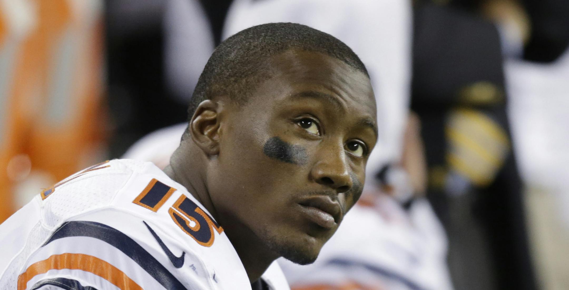 Chicago Bears' Brandon Marshall sits on the bench in the second half of a preseason NFL football game against the Seattle Seahawks, Friday, Aug. 22, 2014, in Seattle. (AP Photo/Stephen Brashear) ORG XMIT: SEA133