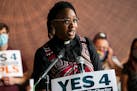 Minister JaNaé Bates of Yes 4 Minneapolis spoke at a news conference July 30 about the group’s lawsuit against the city to remove an explanatory no