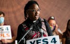 Minister JaNaé Bates of Yes 4 Minneapolis spoke at a news conference July 30 about the group’s lawsuit against the city to remove an explanatory no